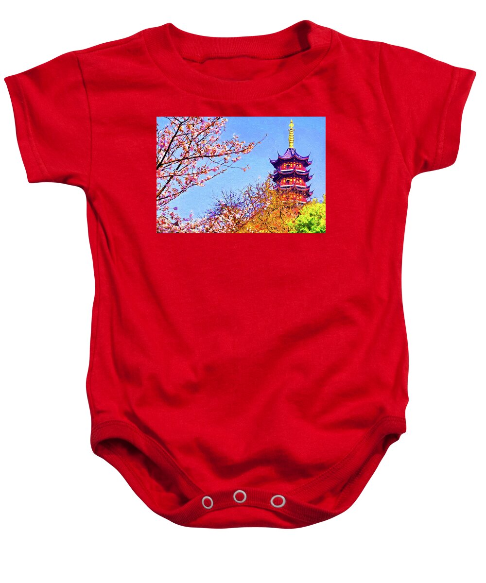 Photo Art Paintings Baby Onesie featuring the digital art Spring Pagoda by Dennis Cox