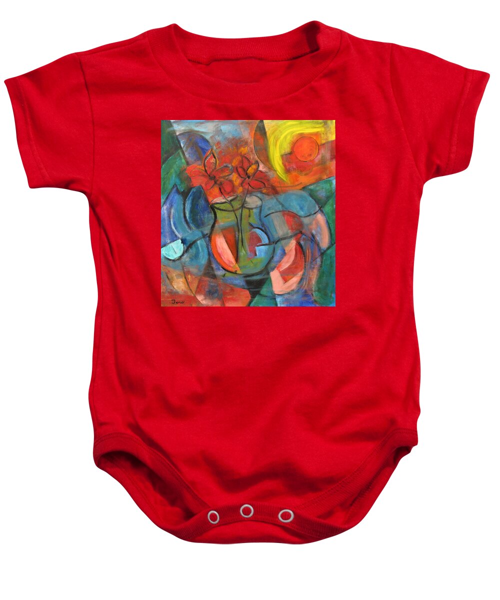 Abstract Baby Onesie featuring the painting Still Life-Flowers with Fruit by Trish Toro