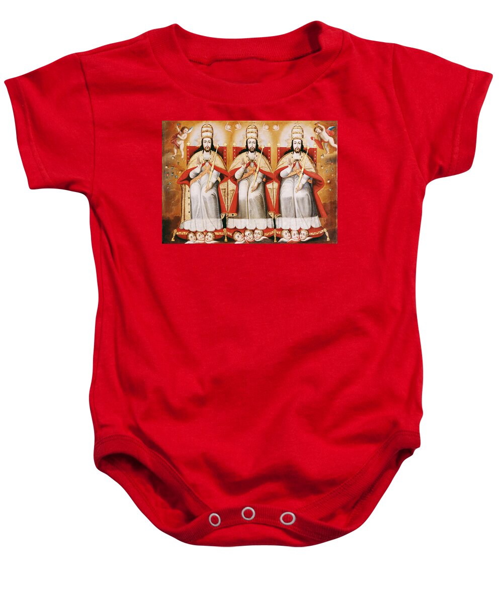 Cuzco School Baby Onesie featuring the painting The Enthroned Trinity as Three Identical Figures by Cuzco School