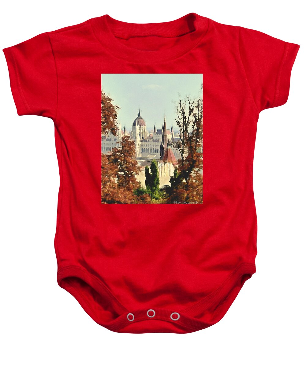 Budapest Baby Onesie featuring the mixed media To Budapest with Love by Binka Kirova