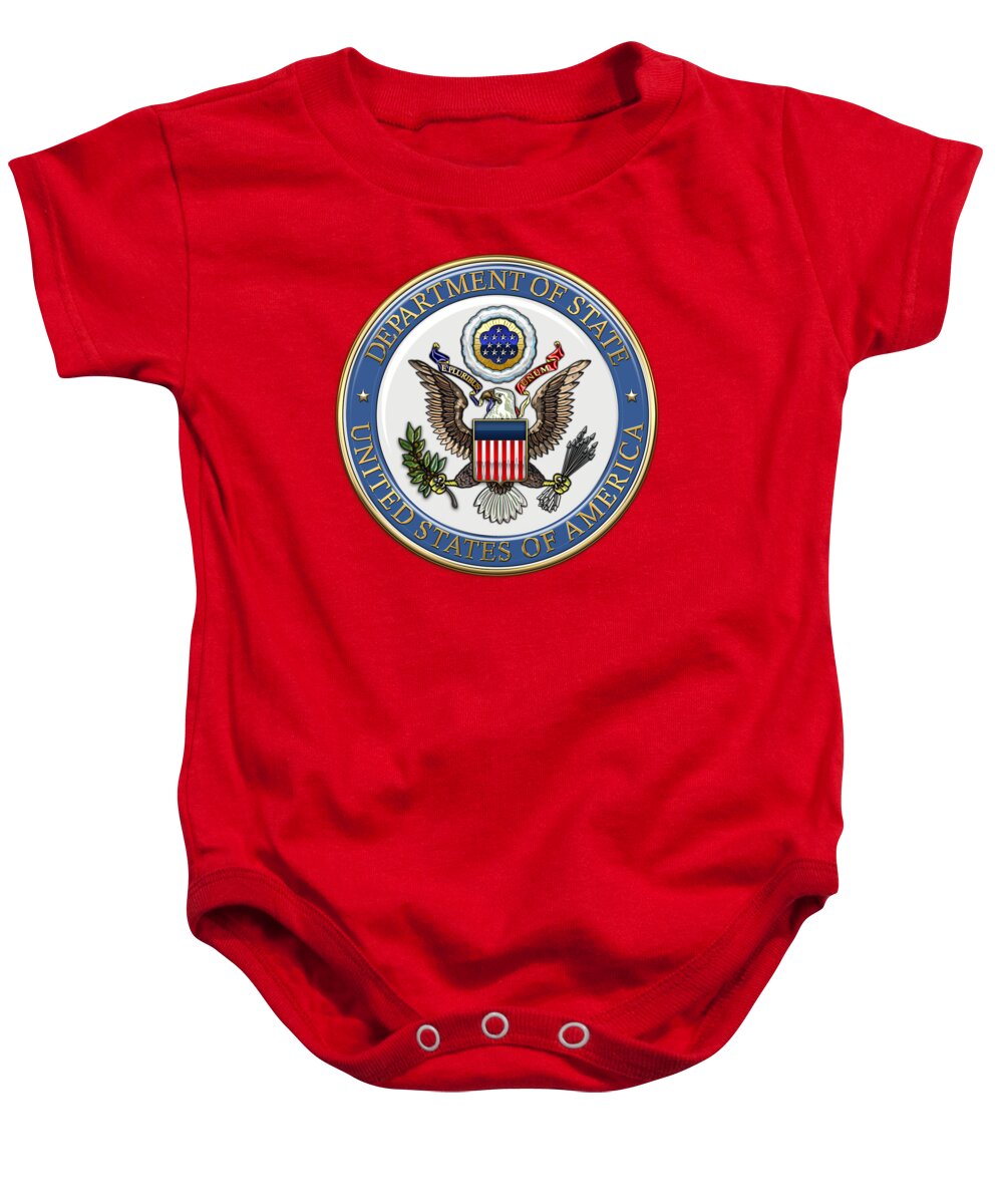 'military Insignia & Heraldry 3d' Collection By Serge Averbukh Baby Onesie featuring the digital art U. S. Department of State - DoS Emblem over Red Velvet by Serge Averbukh