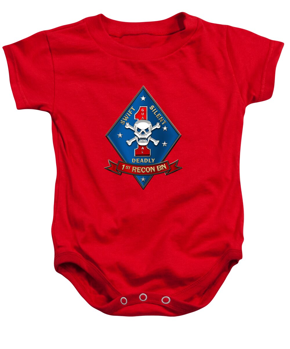 'military Insignia & Heraldry' Collection By Serge Averbukh Baby Onesie featuring the digital art U S M C 1st Reconnaissance Battalion - 1st Recon Bn Insignia over Red Velvet by Serge Averbukh