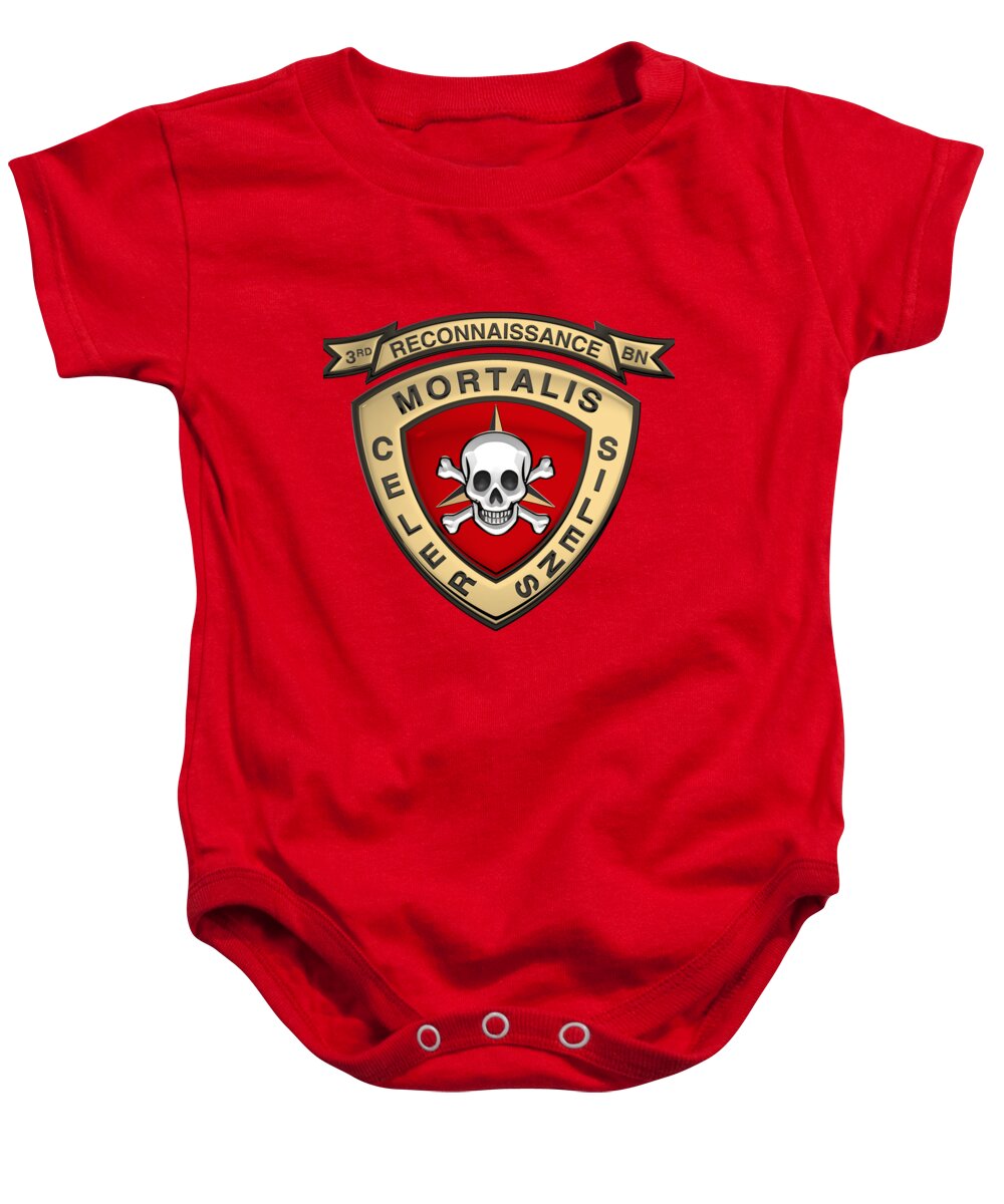 'military Insignia & Heraldry' Collection By Serge Averbukh Baby Onesie featuring the digital art U S M C 3rd Reconnaissance Battalion - 3rd Recon Bn Insignia over Red Velvet by Serge Averbukh