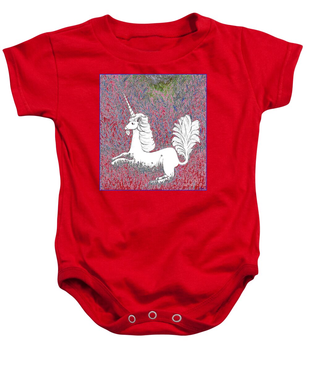 Unicorn Baby Onesie featuring the digital art Unicorn in a Red Tapestry by Lise Winne