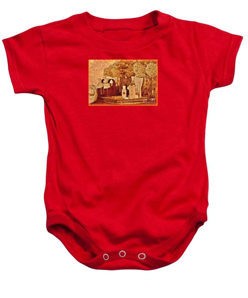 Sepia Baby Onesie featuring the photograph Vanity Lady Lilith by Barbara S Nickerson