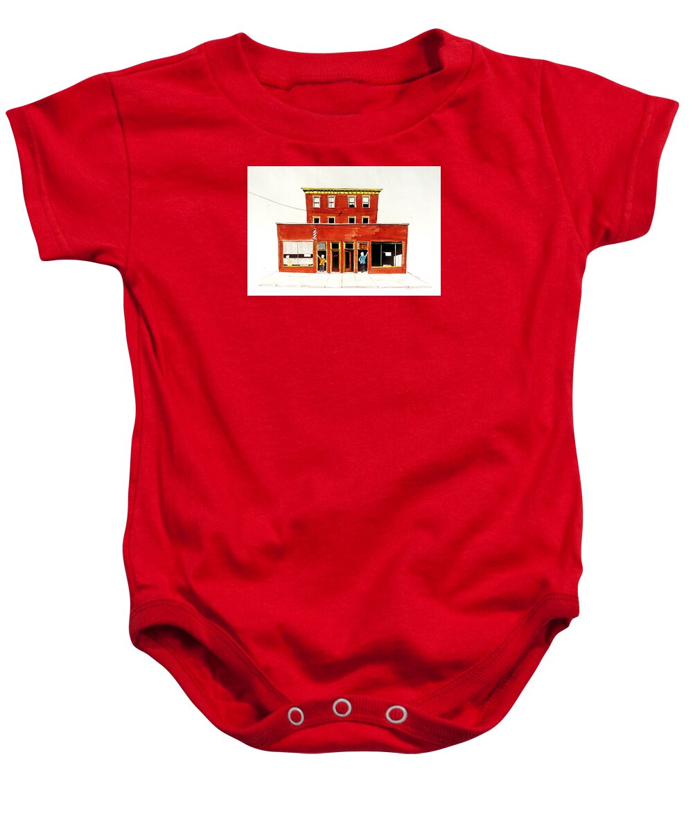 Barber Shops Baby Onesie featuring the painting Washington Street Barbers by William Renzulli