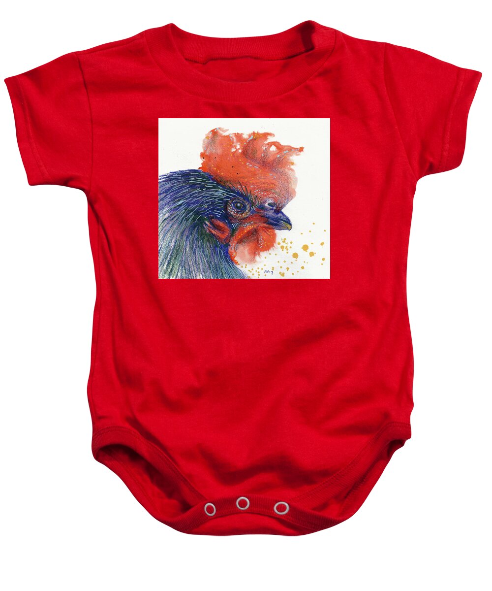 Rooster Baby Onesie featuring the mixed media Year of the Rooster by AnneMarie Welsh