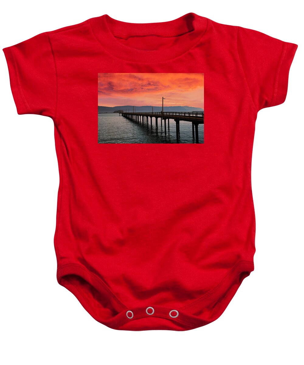 Battery Baby Onesie featuring the photograph Dock extends out into the harbor of Crescent City #2 by Steve Estvanik