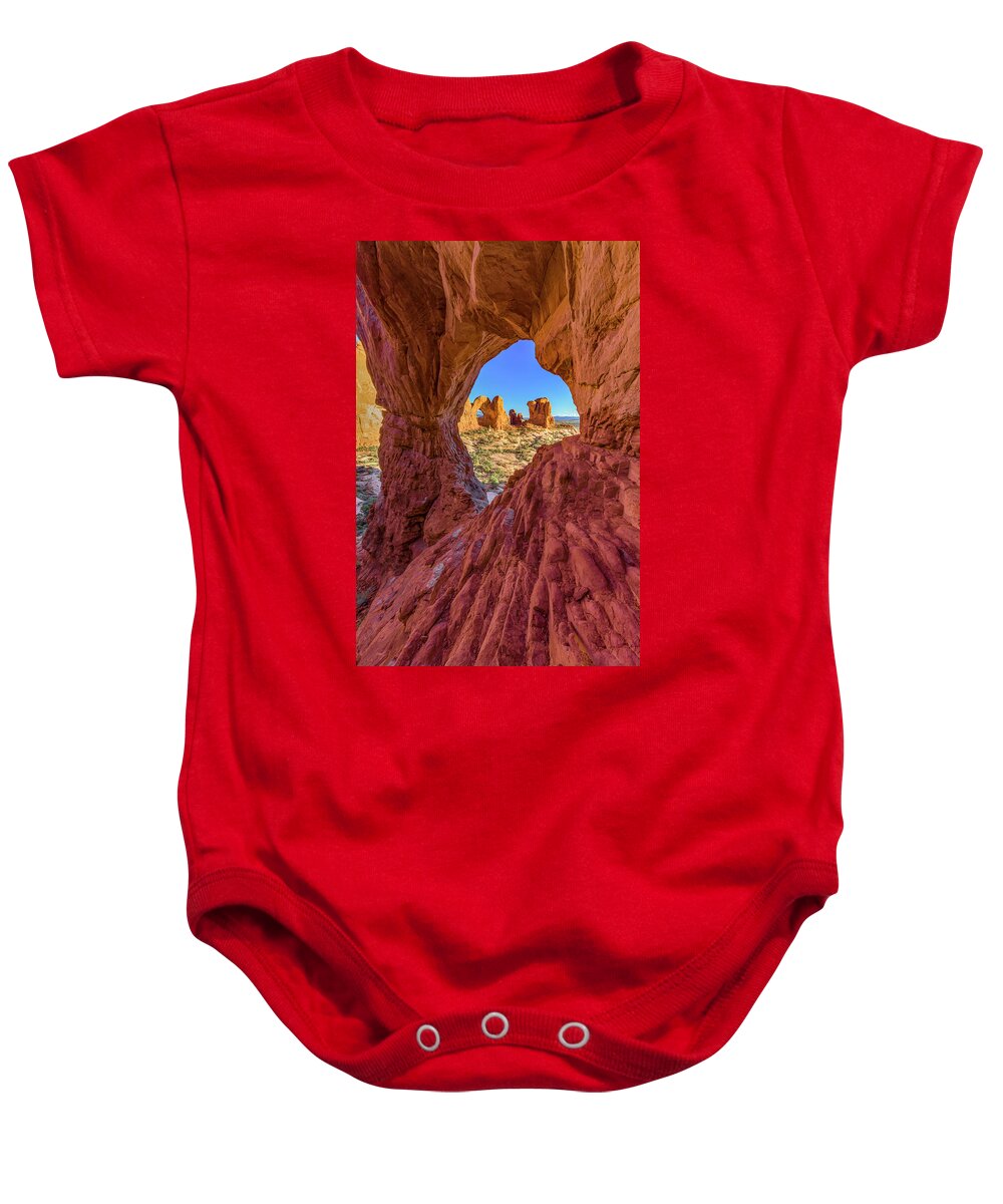Jeff Foott Baby Onesie featuring the photograph Double Arch Through Cove Arch #1 by Jeff Foott
