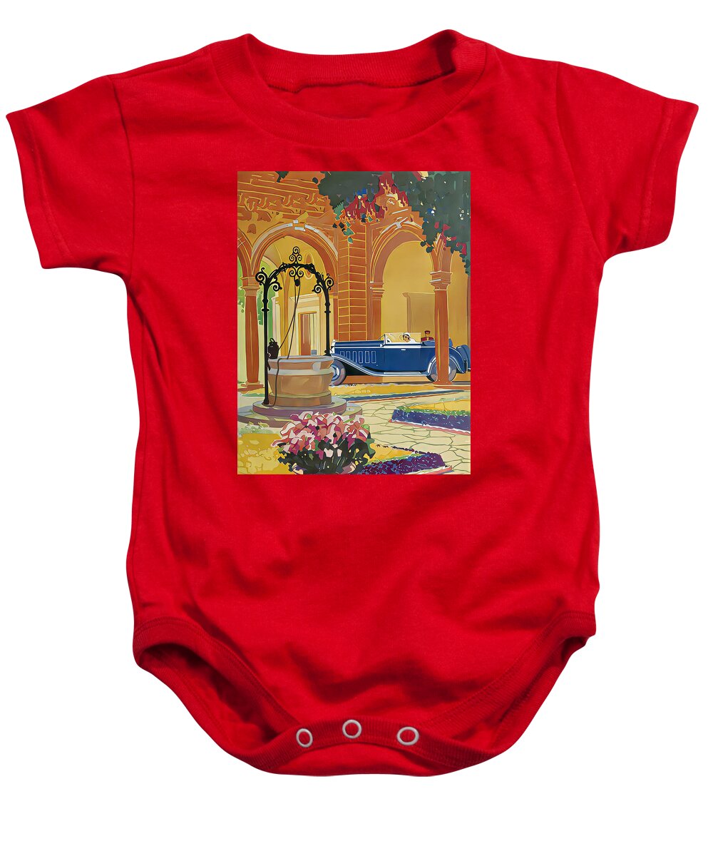 Vintage Baby Onesie featuring the mixed media 1932 Touring Car With Woman Driver In Elegant Courtyard Original French Art Deco Illustration by Retrographs