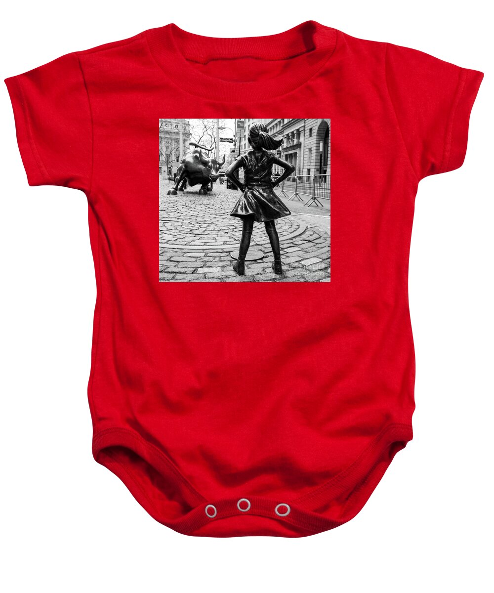 Computer Baby Onesie featuring the photograph Vintage Fearless Girl and Wall Street Bull Statue #4 by Doc Braham