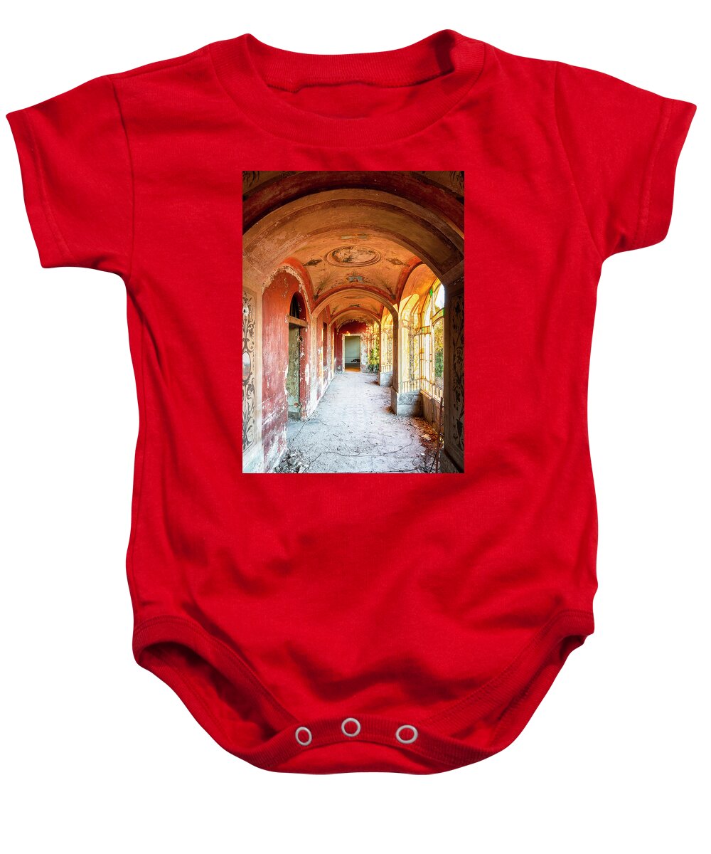 Urban Baby Onesie featuring the photograph Abandoned Hallway during Sunset by Roman Robroek