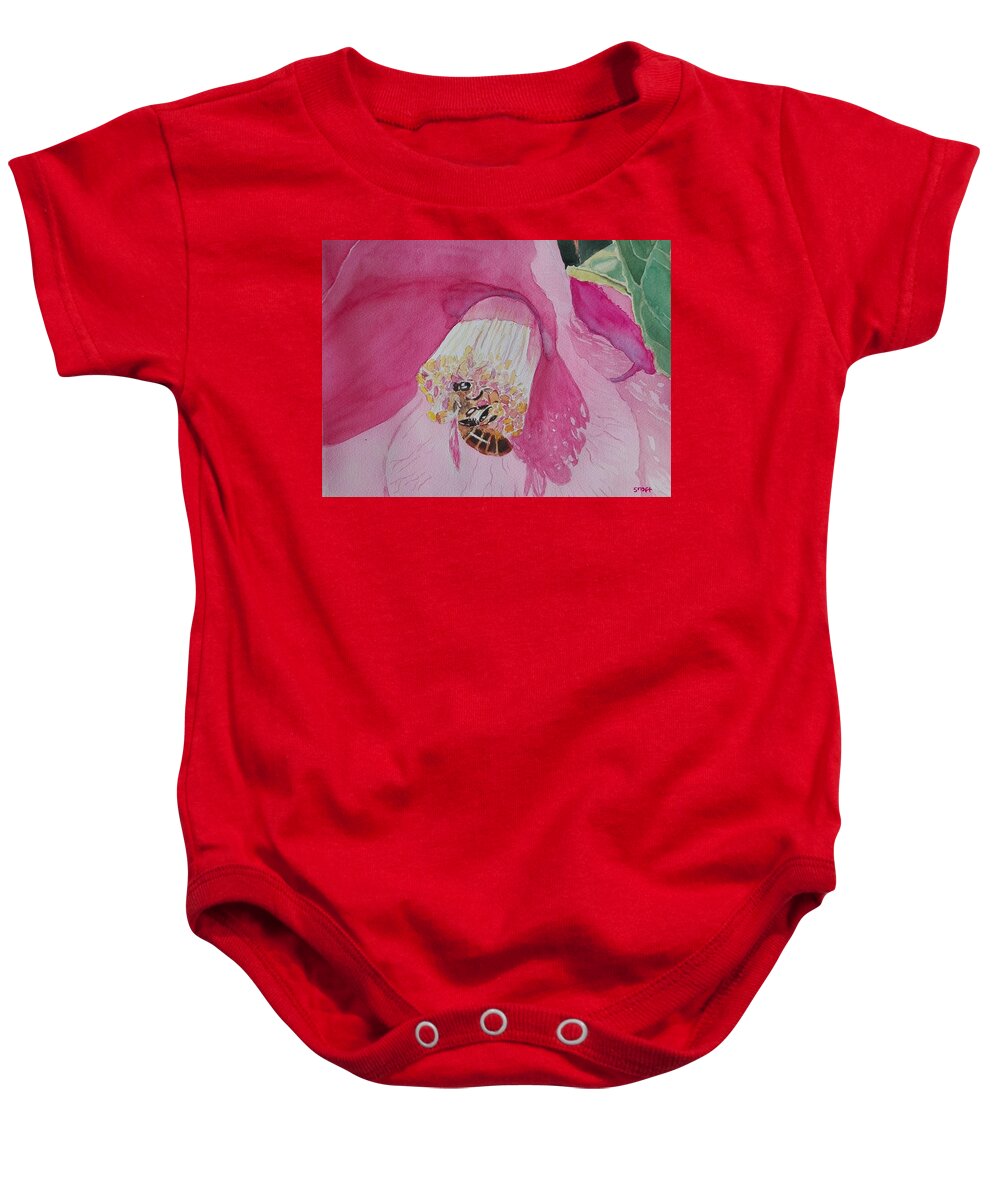Bee Baby Onesie featuring the painting Bee and Camelia by Sandie Croft
