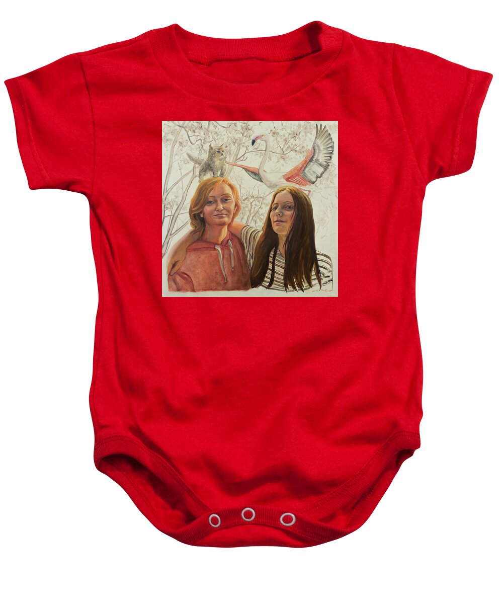 Portrait Baby Onesie featuring the painting Best friends sisters by Marco Busoni