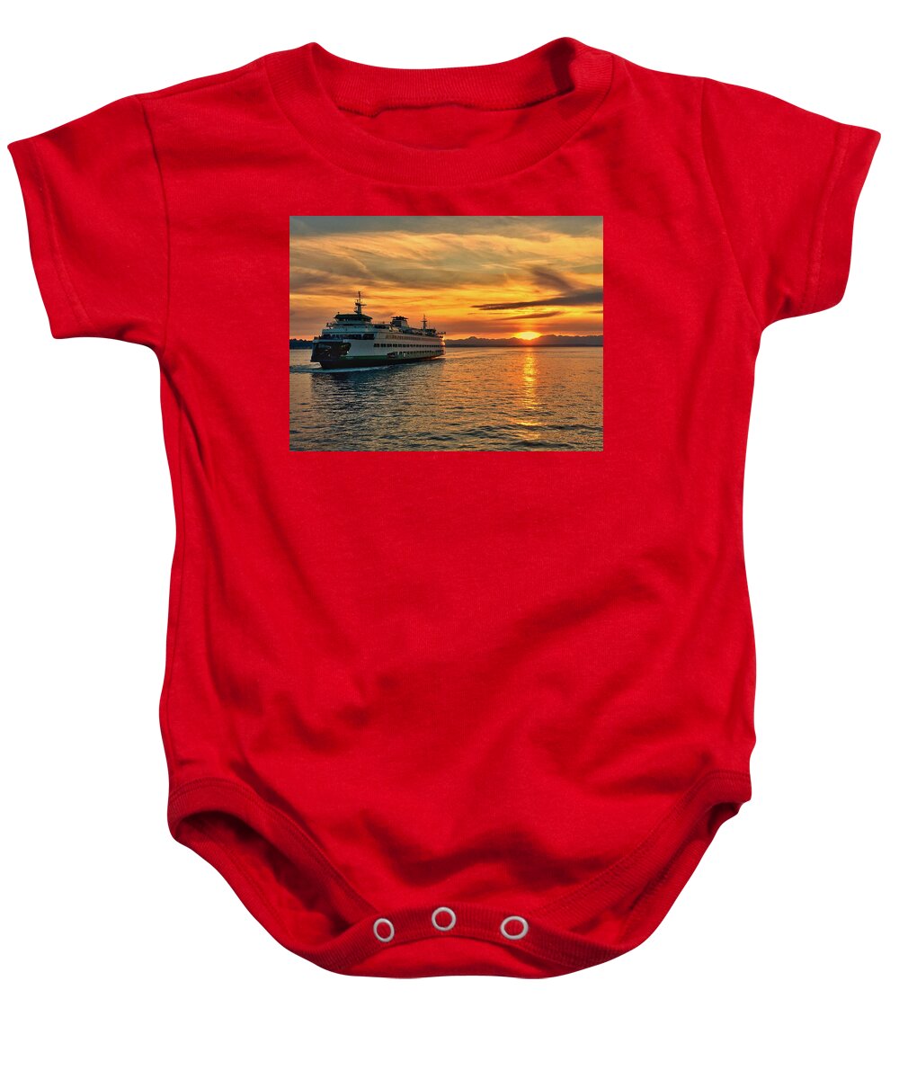 Ferry Baby Onesie featuring the photograph Ferry at Sunset by Jerry Abbott