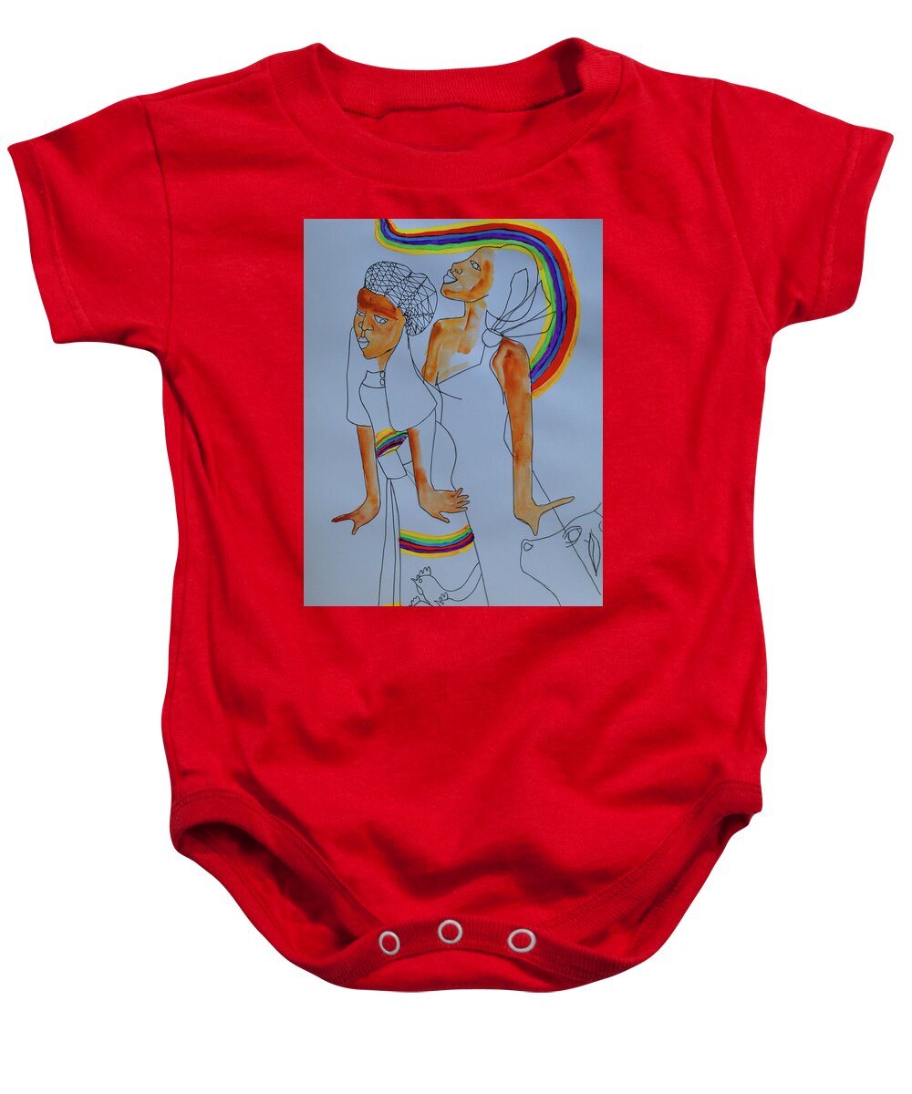 Jesus Baby Onesie featuring the painting Kintu and Nambi Arrival at the Royal Kingdom of Buganda by Gloria Ssali