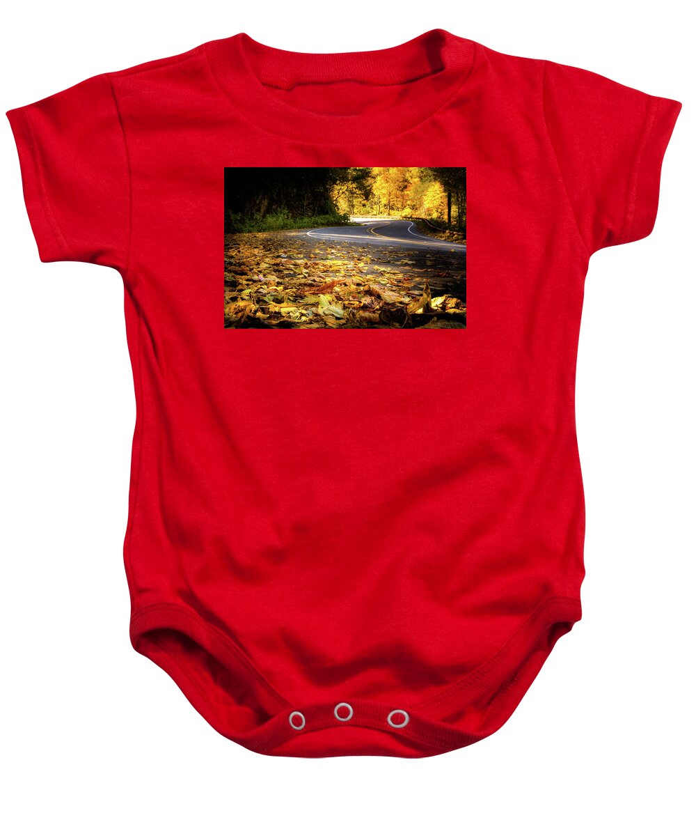 Dry Falls Baby Onesie featuring the photograph Leaves Along The Road by Greg and Chrystal Mimbs