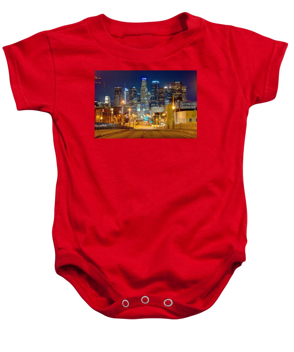 Los Angeles Skyline Baby Onesie featuring the photograph Los Angeles Skyline NIGHT from the East by Jon Holiday