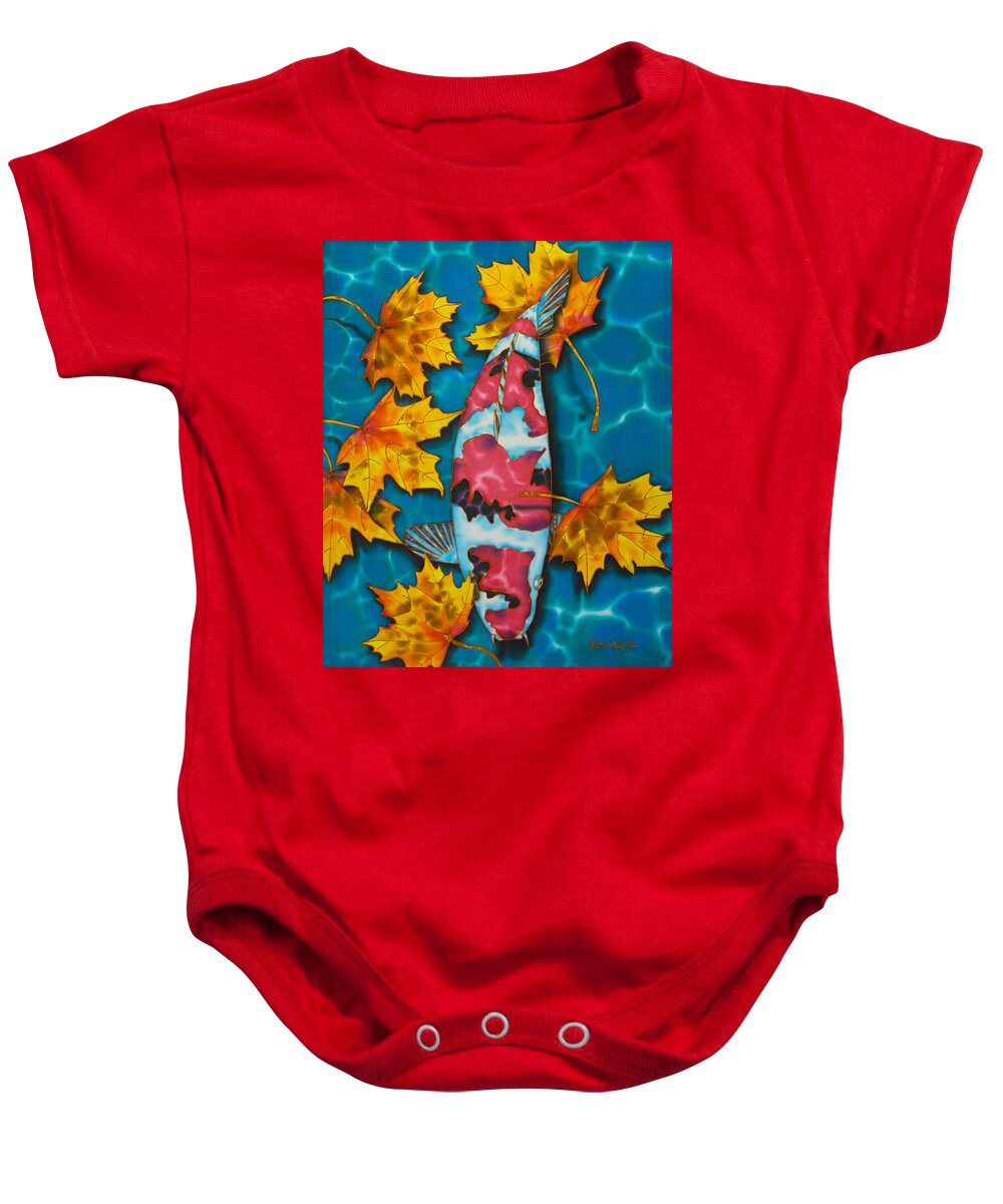 Fish Pond Baby Onesie featuring the painting Maple Leaves and Koi by Daniel Jean-Baptiste