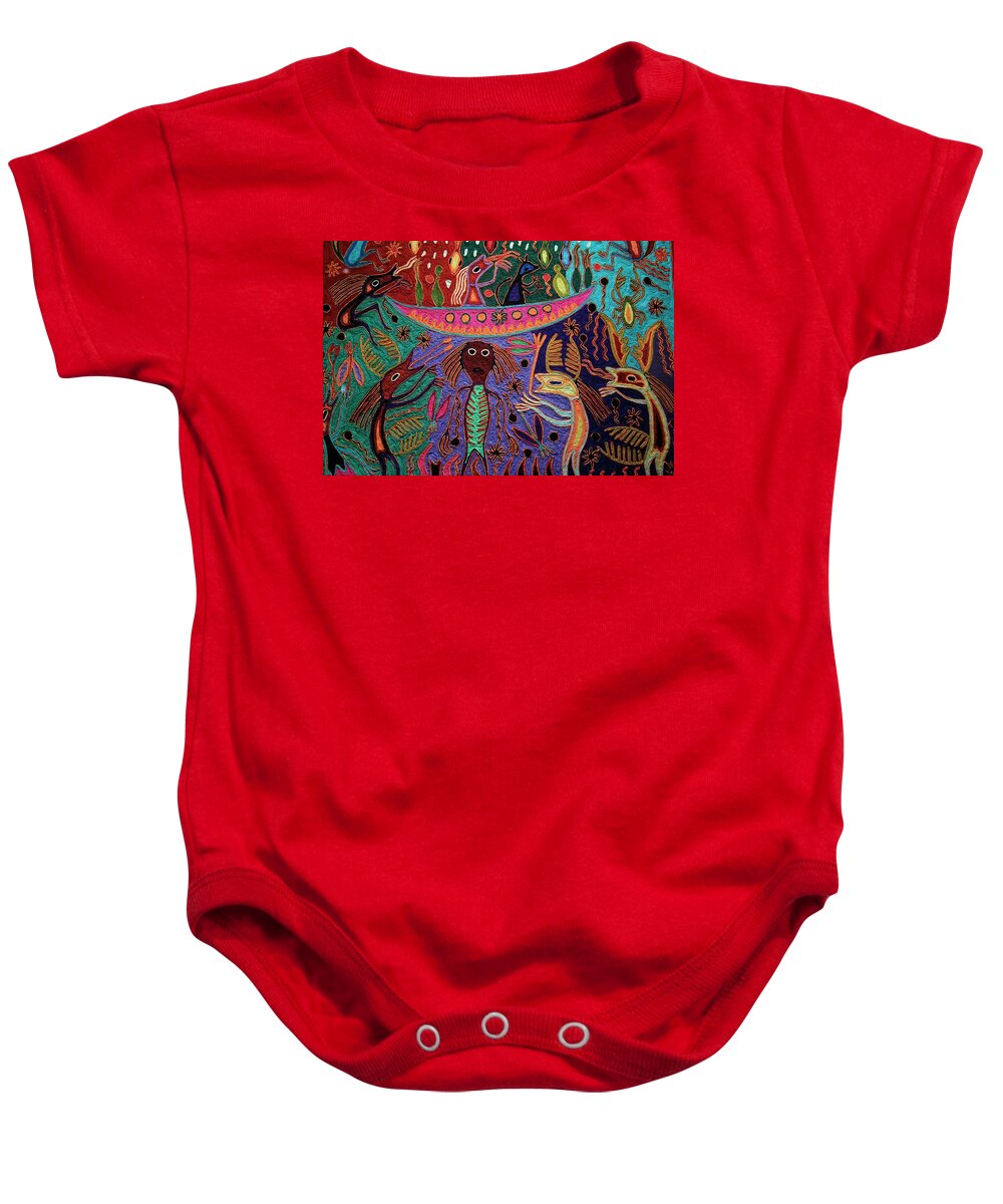 America Baby Onesie featuring the painting Mexico.Mexico city.National Museum of Anthropology. Huichol art. by Album