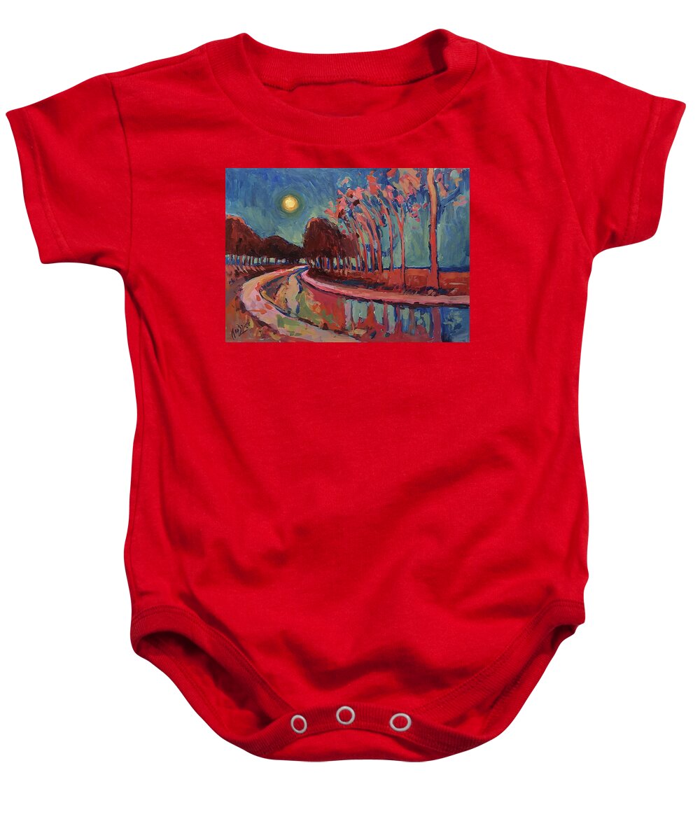 Canal Baby Onesie featuring the painting Moon Night at the canal by Nop Briex