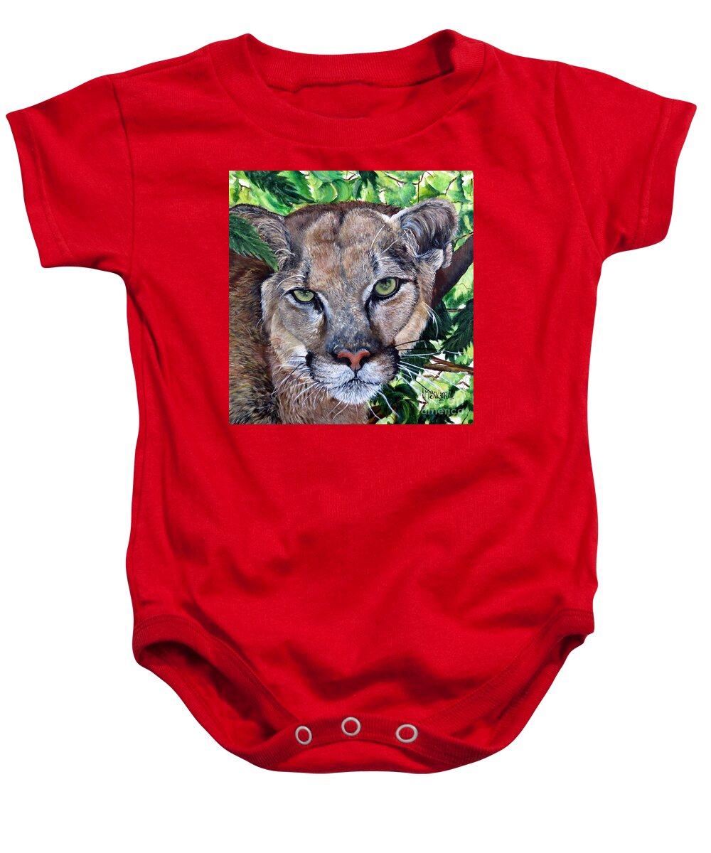 Mountain Lion Baby Onesie featuring the painting Mountain Lion Portrait by Marilyn McNish