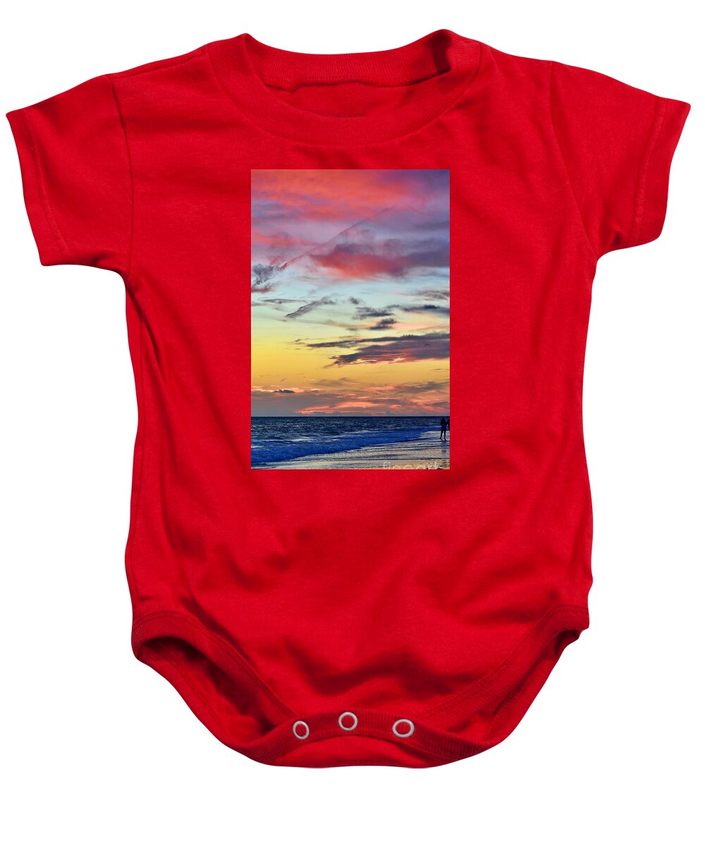 Lido Beach Sarasota Florida Sunset Families Enjoying Celebration July 4th Sand Sun Waves Clouds Beauty Orange Red Blue Gray Black Darkness Baby Onesie featuring the photograph Natures Fireworks Vertical by Gary F Richards
