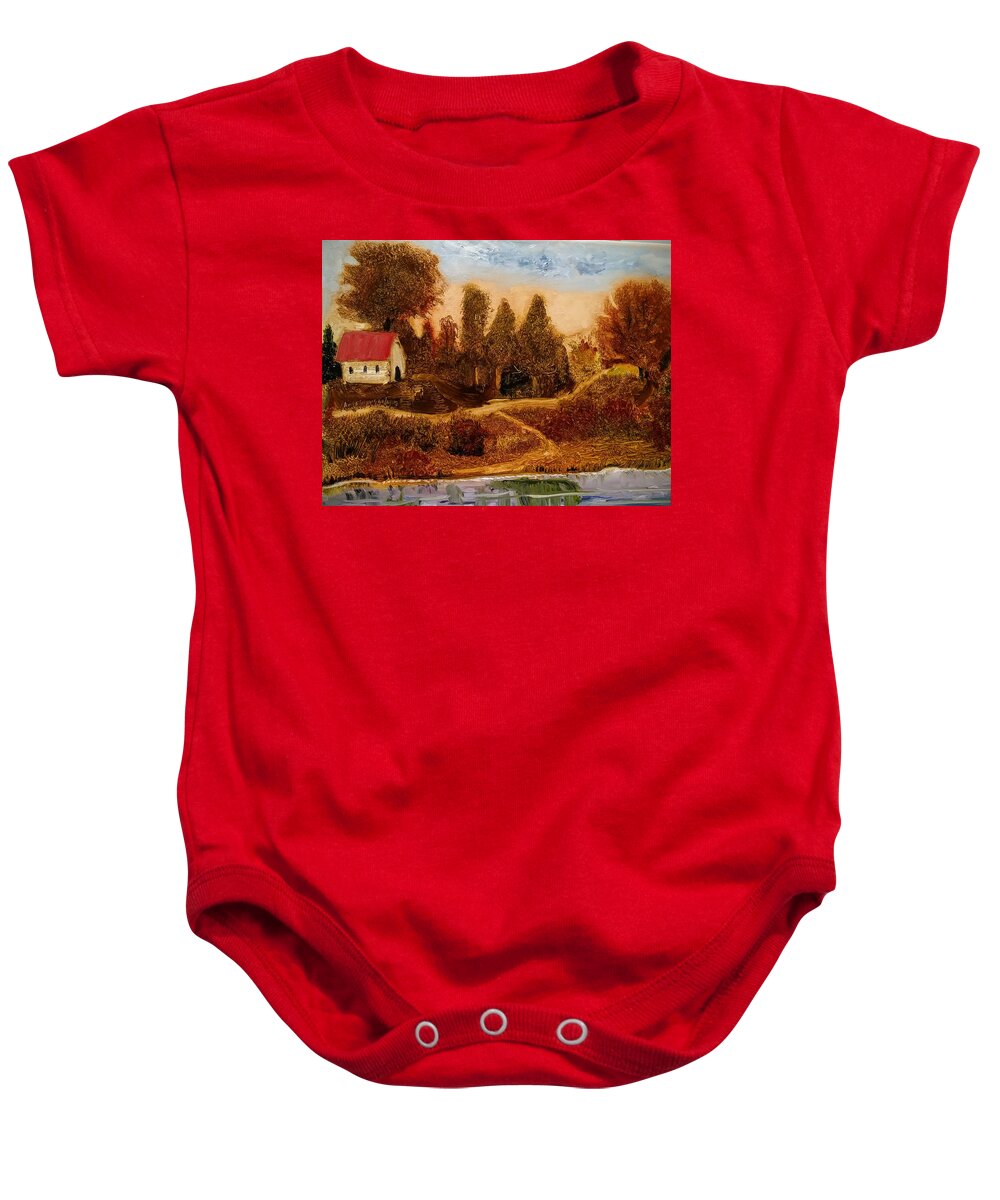 Country Baby Onesie featuring the painting Old Church road by Mike Benton