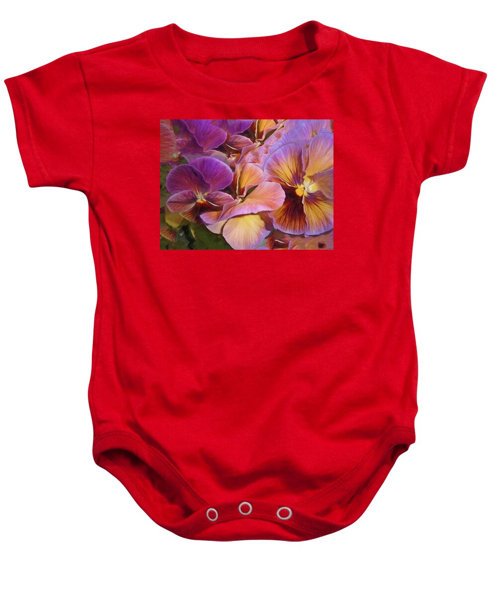 Pansy Baby Onesie featuring the photograph Pansy Field in Violet and Yellow 6 by Lynda Lehmann
