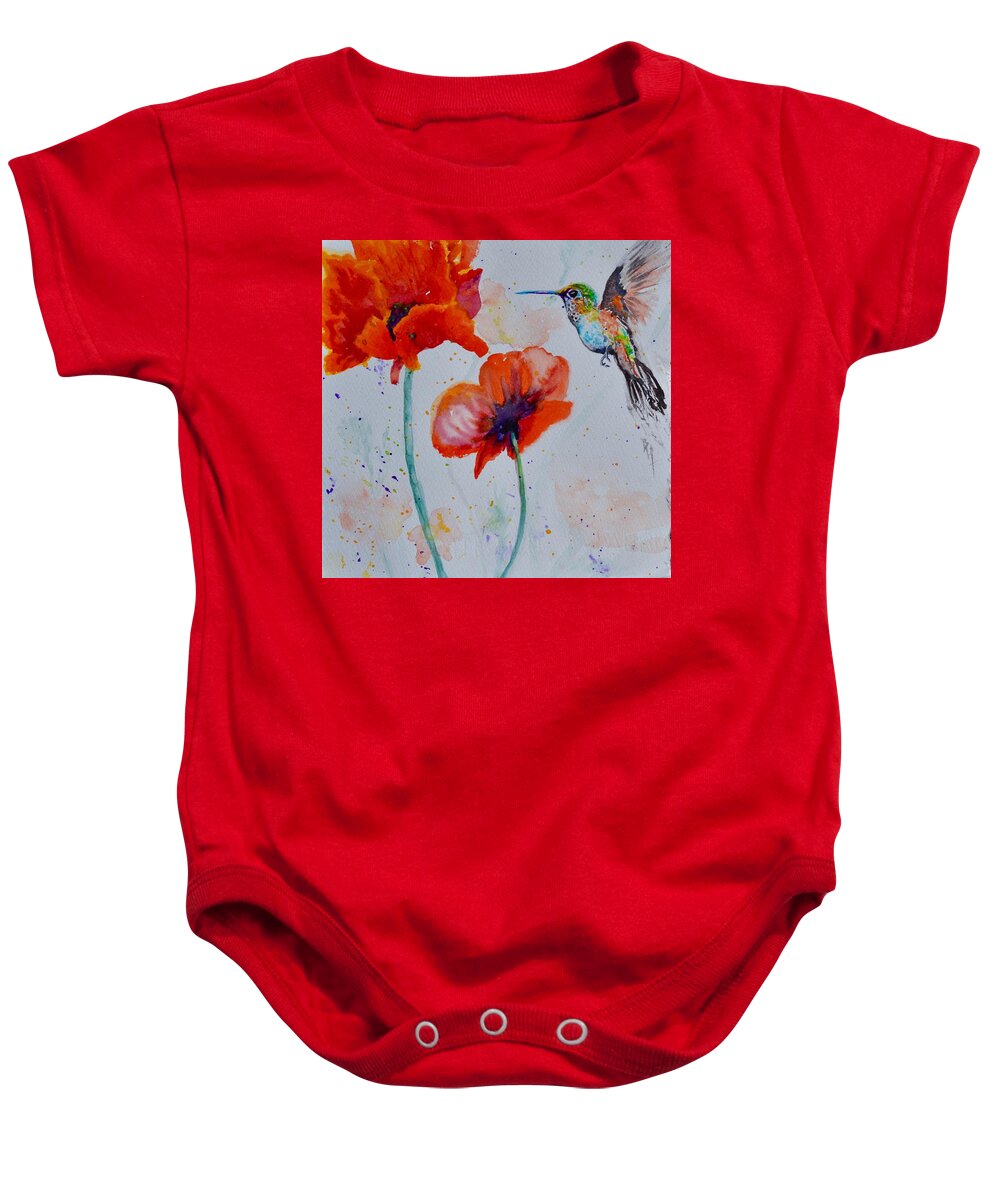 Hummingbird Baby Onesie featuring the painting Plumage And Poppies by Beverley Harper Tinsley