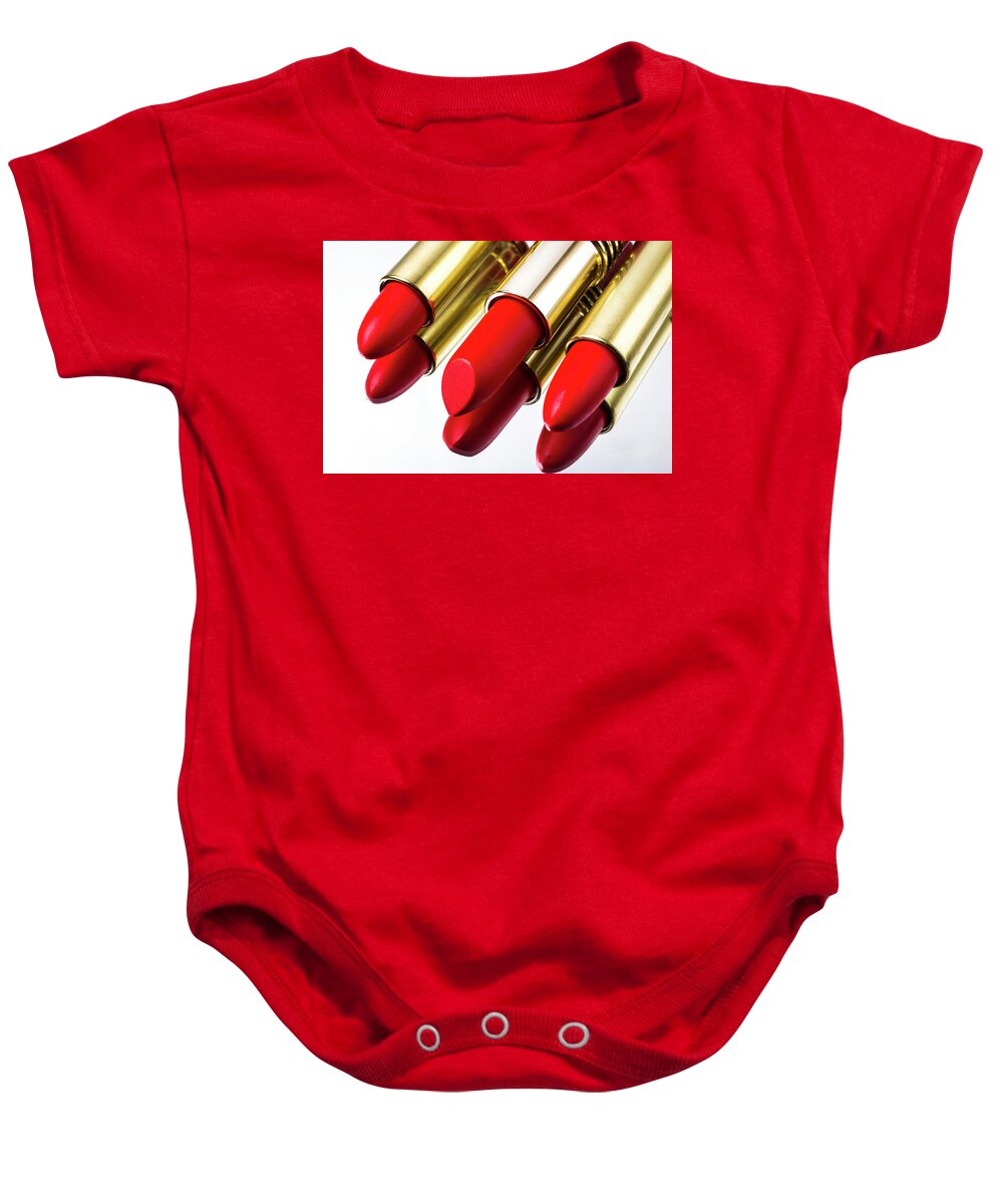 Cosmetics Baby Onesie featuring the photograph Red Lipstick Reflection by Garry Gay