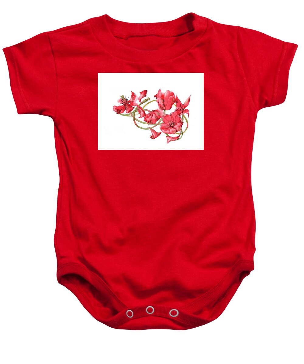 Russian Artists New Wave Baby Onesie featuring the painting Red Tulips Vignette by Ina Petrashkevich