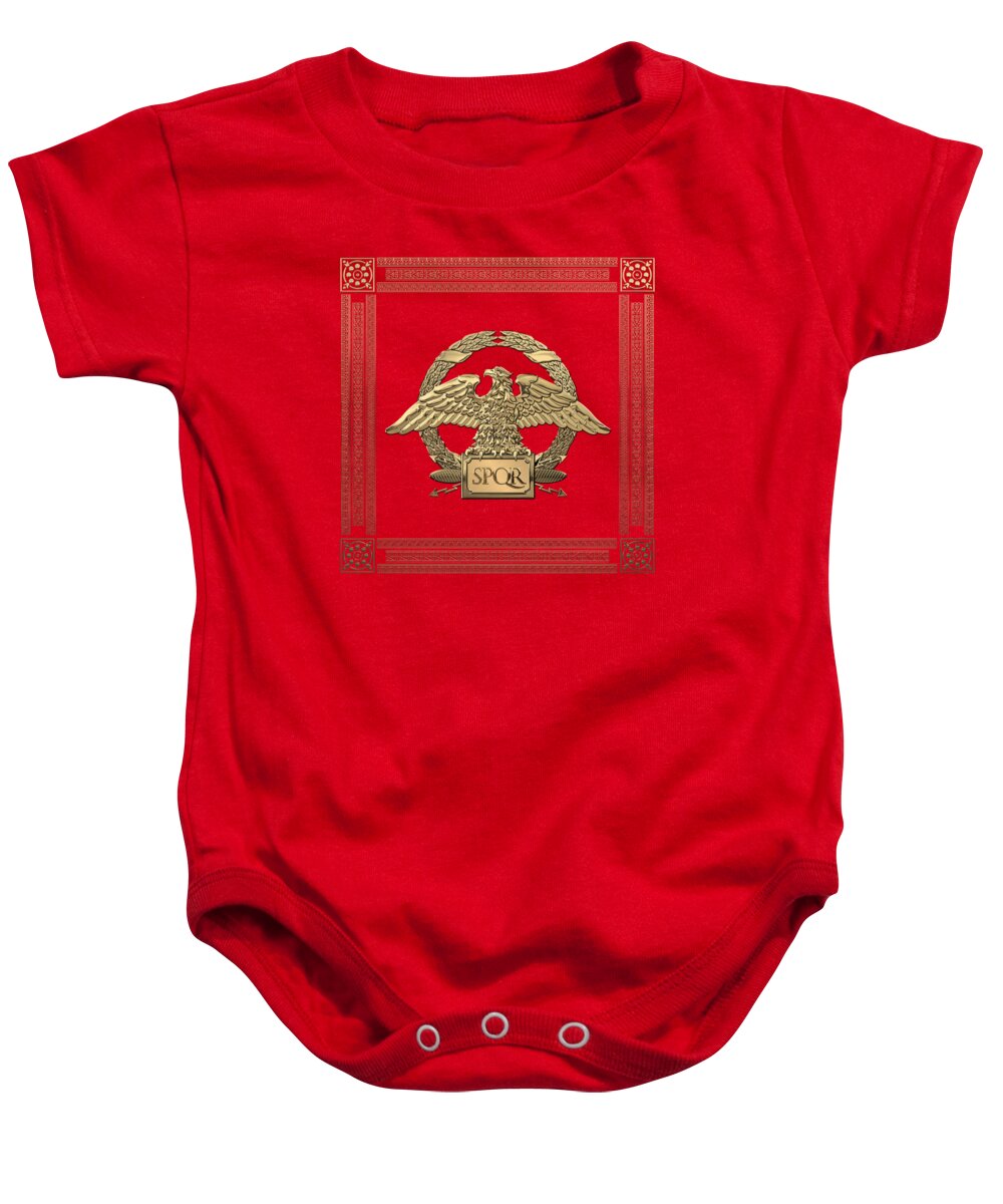 ‘treasures Of Rome’ Collection By Serge Averbukh Baby Onesie featuring the digital art Roman Empire - Gold Roman Imperial Eagle over Red Velvet by Serge Averbukh