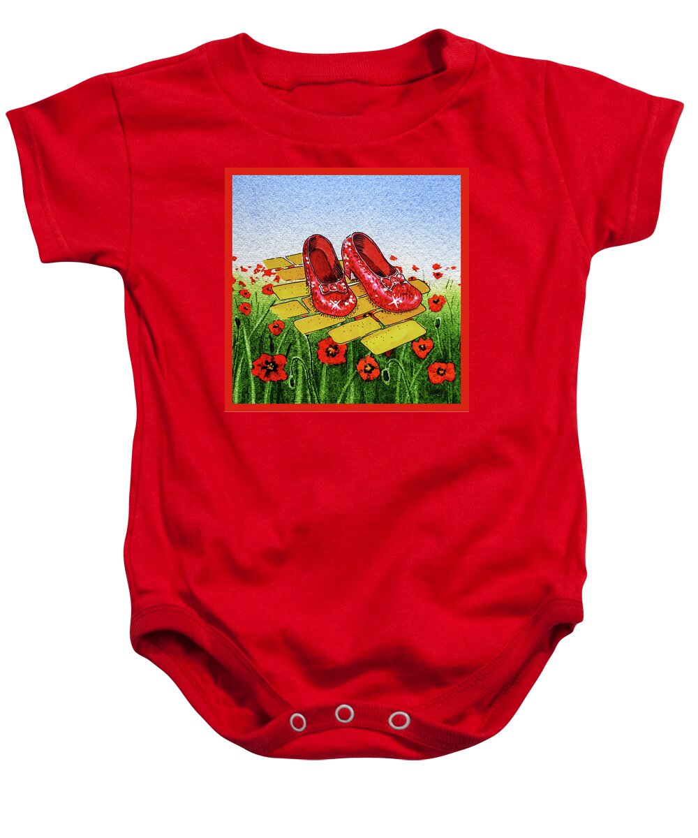 Ruby Slippers Baby Onesie featuring the painting Ruby Slippers Yellow Brick Road Wizard Of Oz by Irina Sztukowski