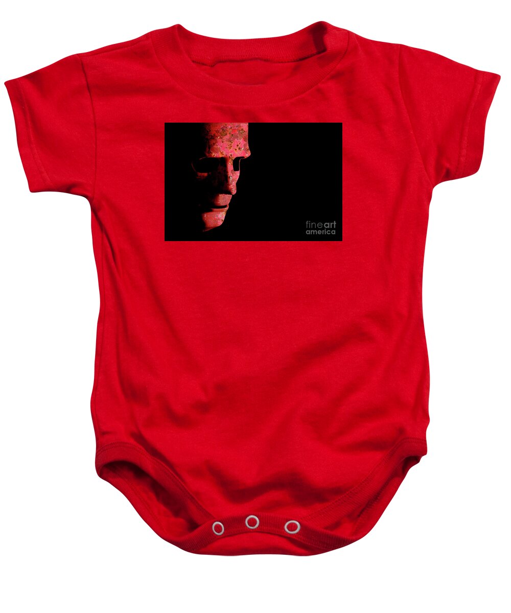 Mask Baby Onesie featuring the photograph Rusty robotic face old technology by Simon Bratt