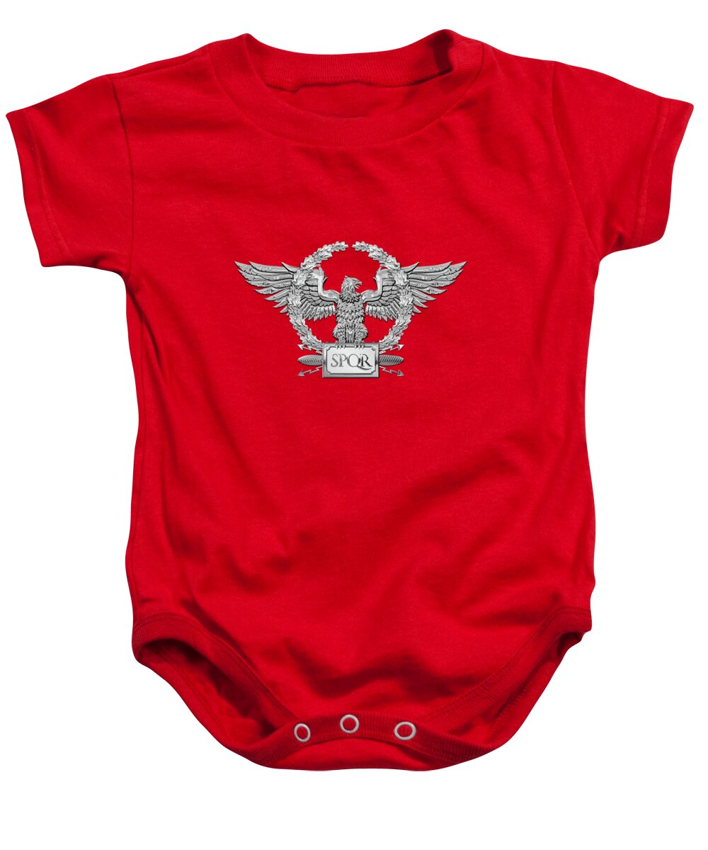 ‘treasures Of Rome’ Collection By Serge Averbukh Baby Onesie featuring the digital art Silver Roman Imperial Eagle - S P Q R Special Edition over Red Velvet by Serge Averbukh