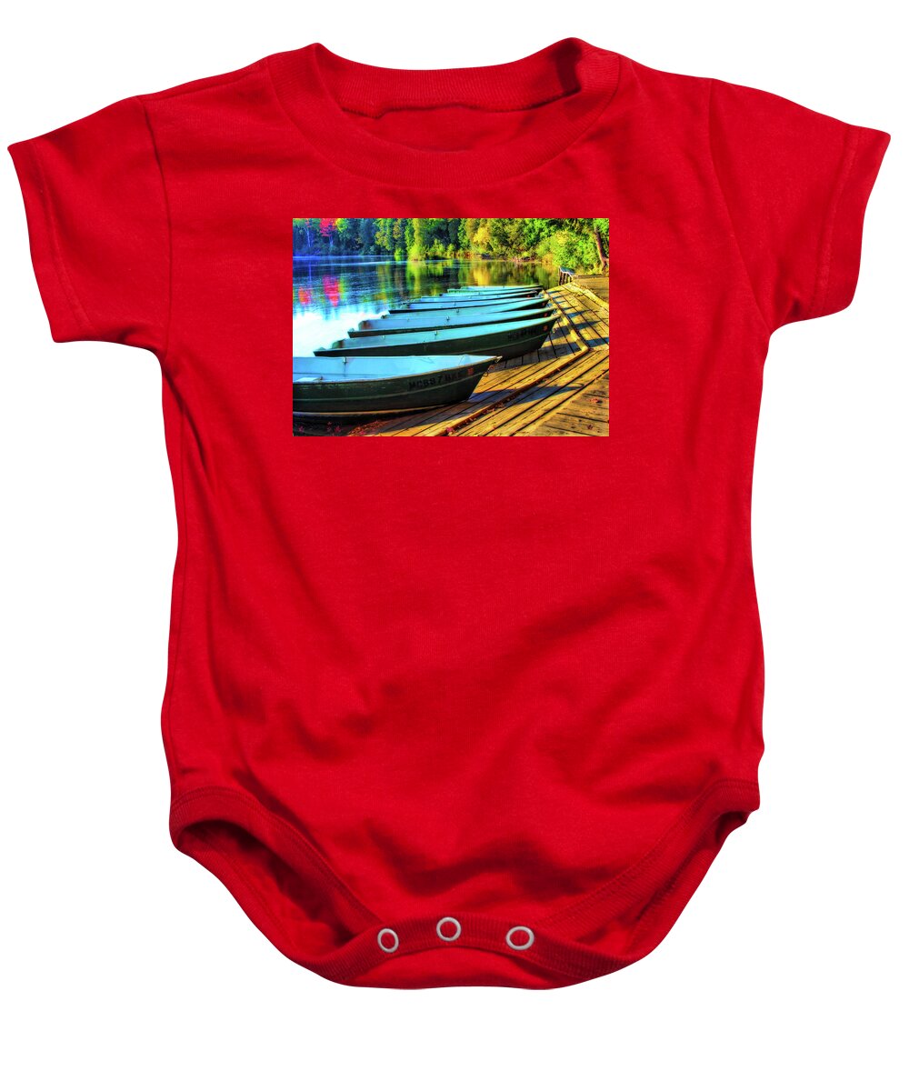 Tahquamenon Falls Baby Onesie featuring the photograph Tahquamenon Falls Boat Dock by Pat Cook
