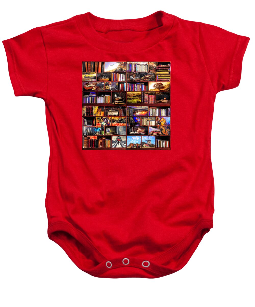 Boats Baby Onesie featuring the digital art The Library The Golden Travel Section by Debra and Dave Vanderlaan