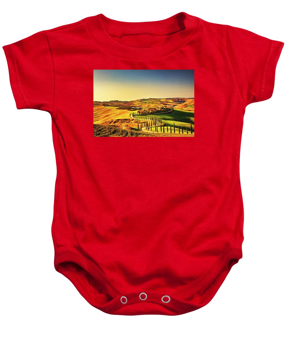 Tuscany Baby Onesie featuring the photograph Crete Senesi Cypress Road by Stefano Orazzini