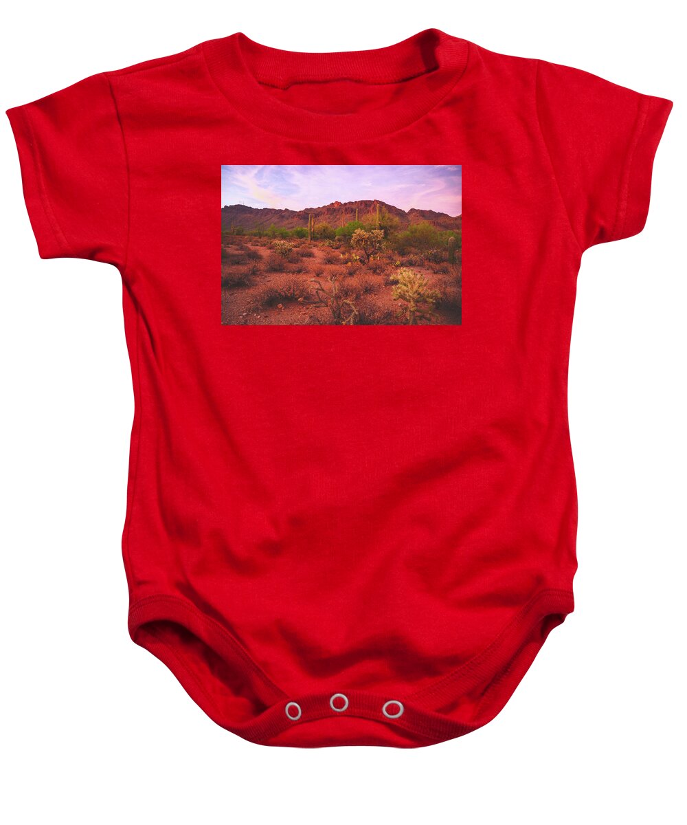 Sunset Baby Onesie featuring the photograph Twilight glow on the Tucson Mountains and Sonoran Desert, Arizona by Chance Kafka