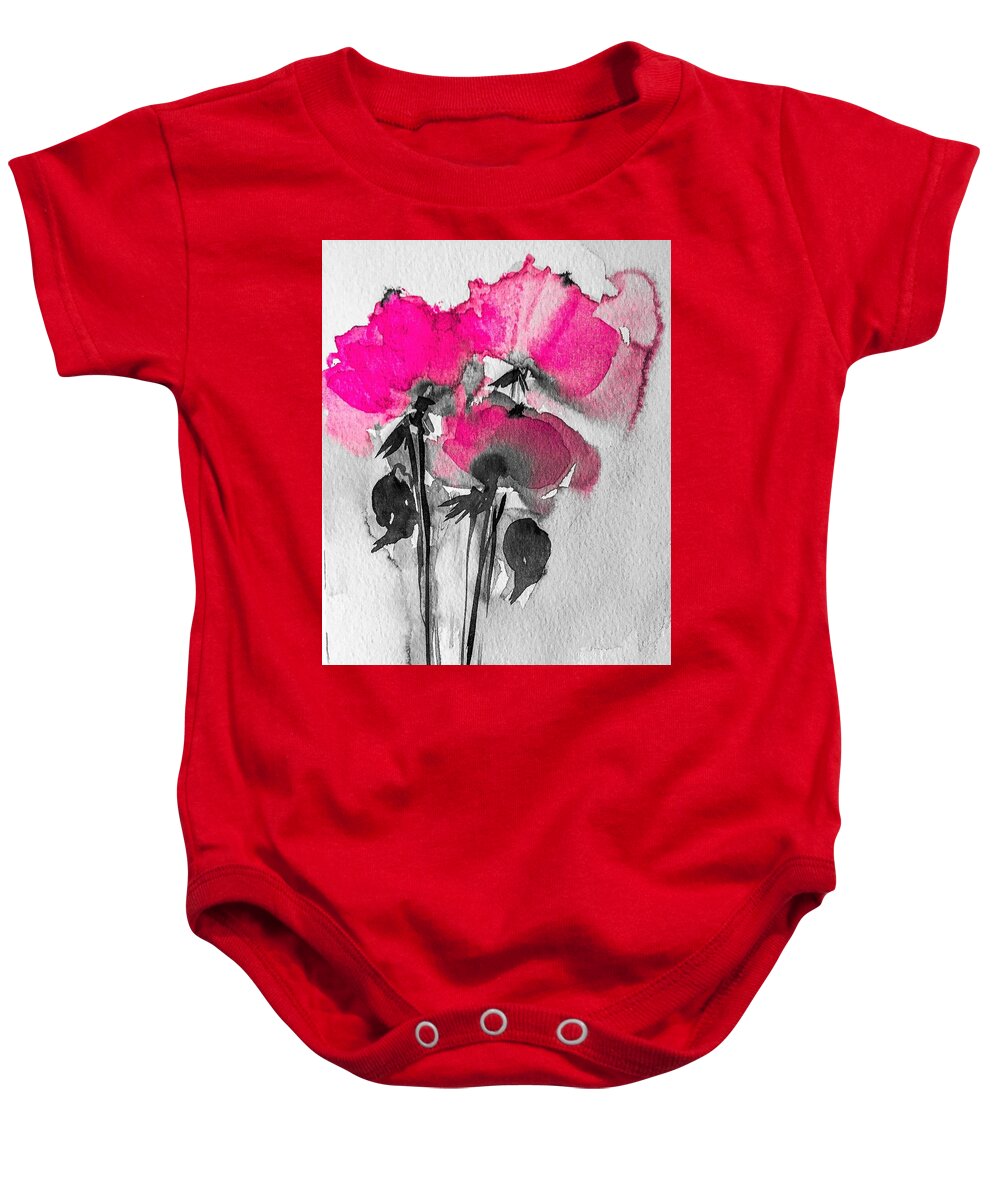 Watercolor Art Baby Onesie featuring the mixed media Watercolor three pink Flowers by Britta Zehm