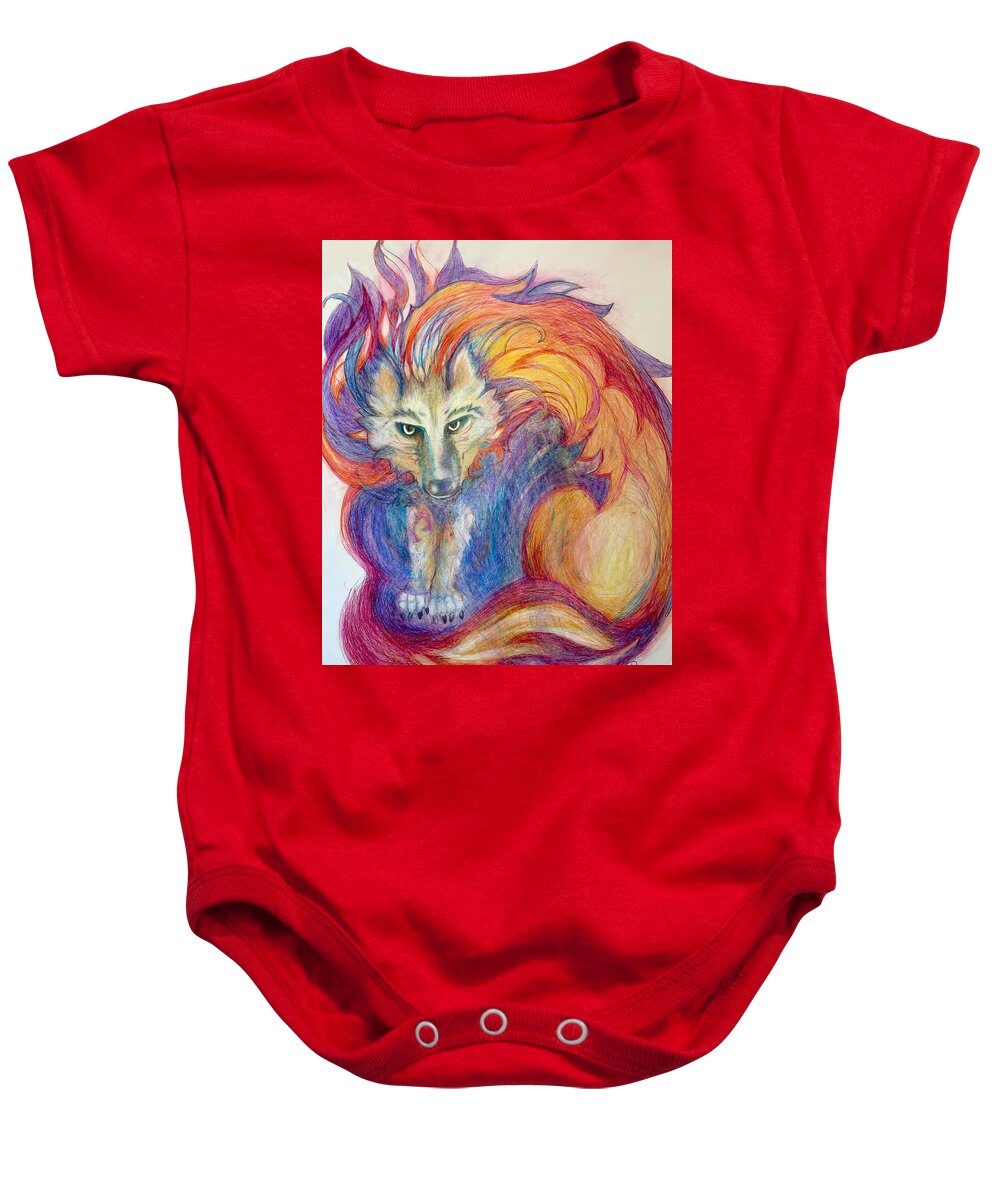 Wolf Baby Onesie featuring the drawing Foxy Wolf #2 by Marat Essex