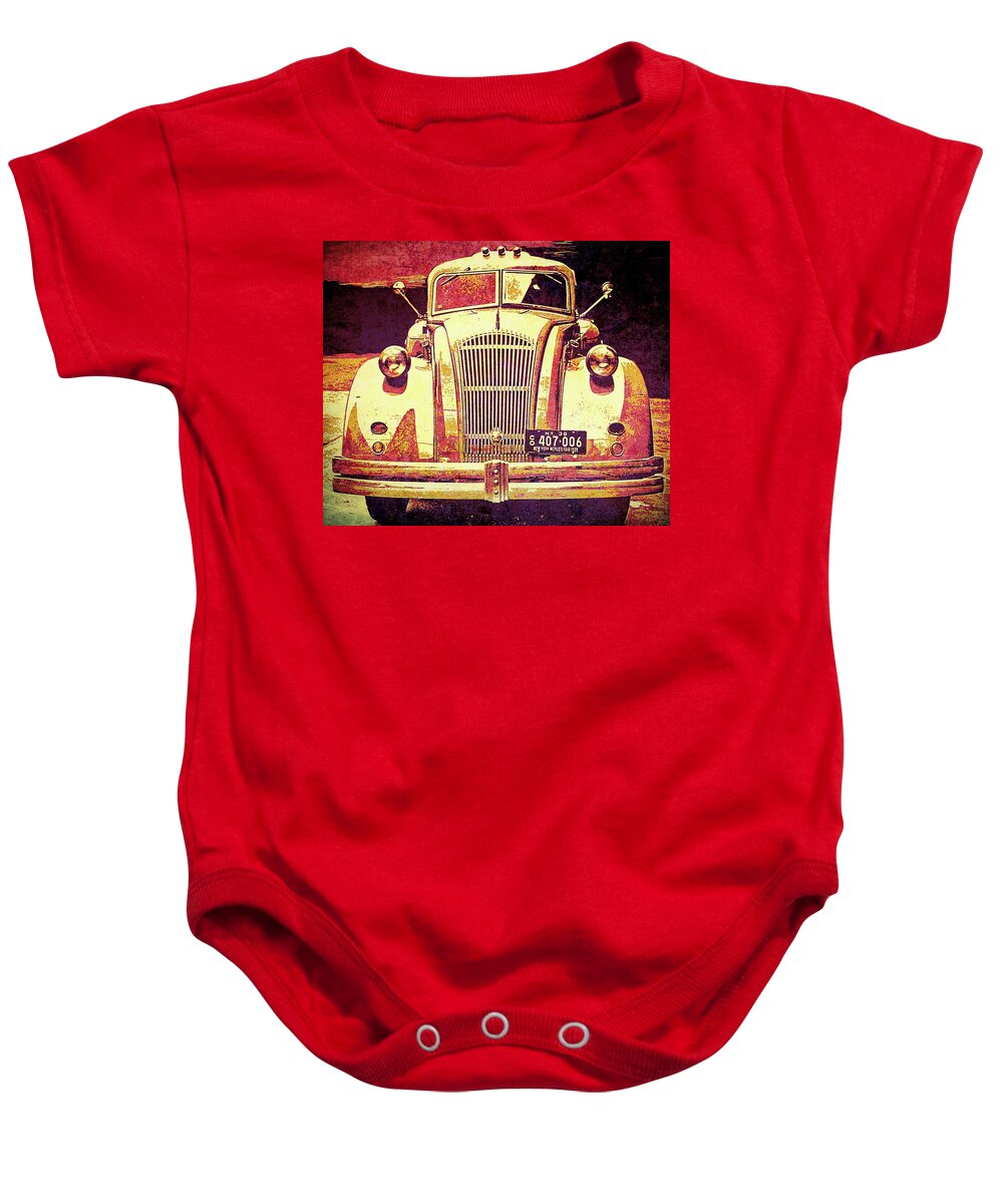 Dodge Baby Onesie featuring the photograph 1935 Dodge Airflow Esso Tank Truck Red Front by DK Digital