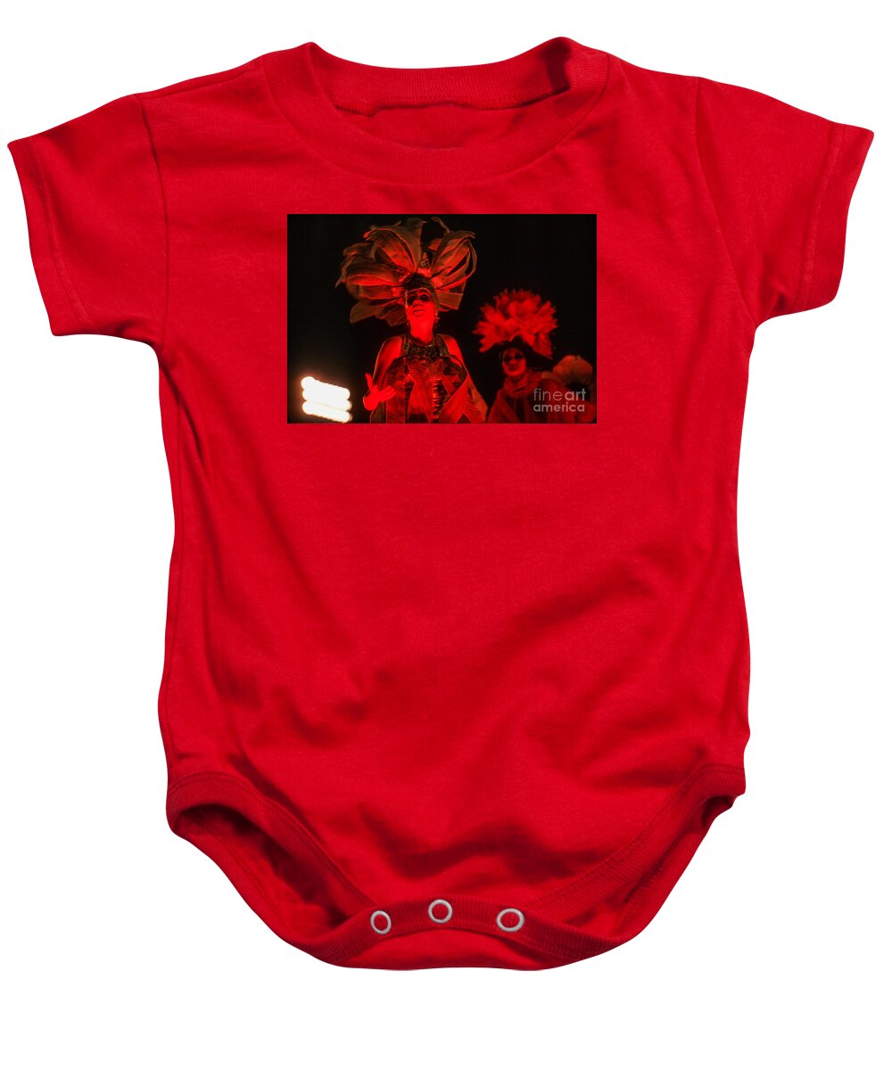 #soscuba Baby Onesie featuring the mixed media A Cuban beauty dances and sings at the 1970 Havana Carnival. Red on a black background. by Elena Gantchikova