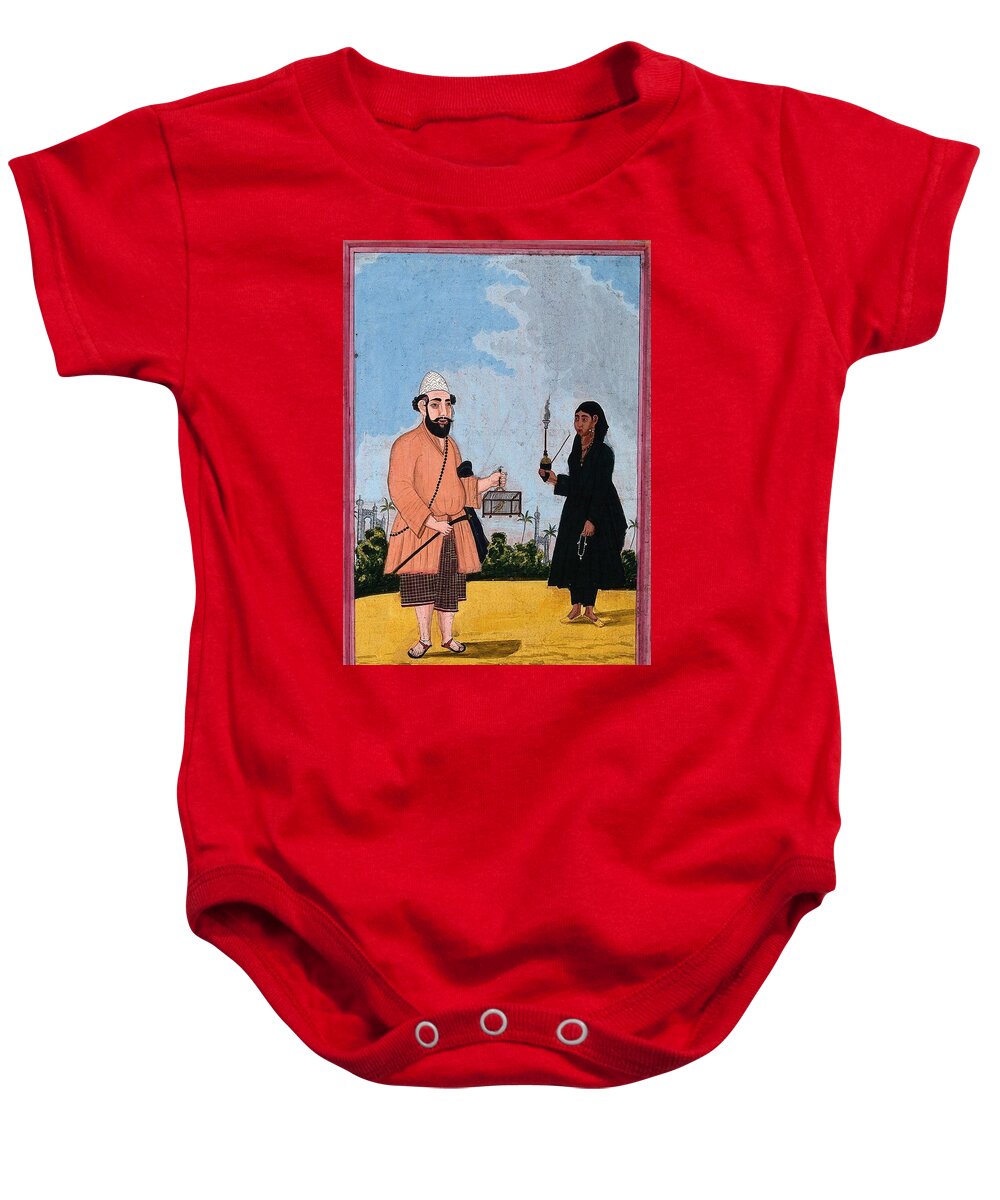 A Muslim Man Holding A Bird In A Cage With A Women Holding A Pipe. Gouache Baby Onesie featuring the painting A Muslim man holding a bird in a cage with a women holding a pipe. Gouache, by Artistic Rifki