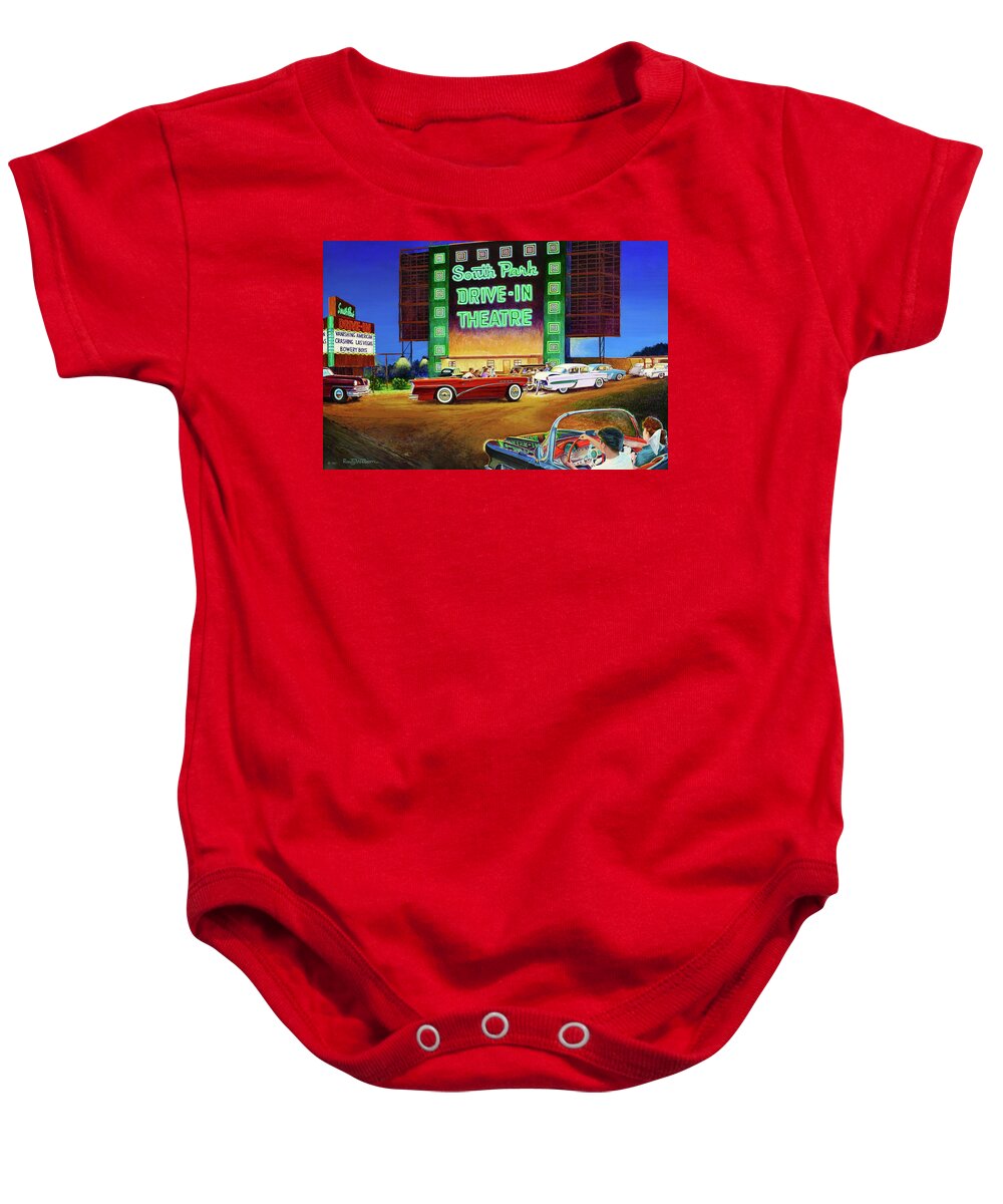 Fifties Summer Remembered South Park Drive-in Theatre Theater Neon Lights 1950 Baby Onesie featuring the painting A Summer Remembered by Randy Welborn