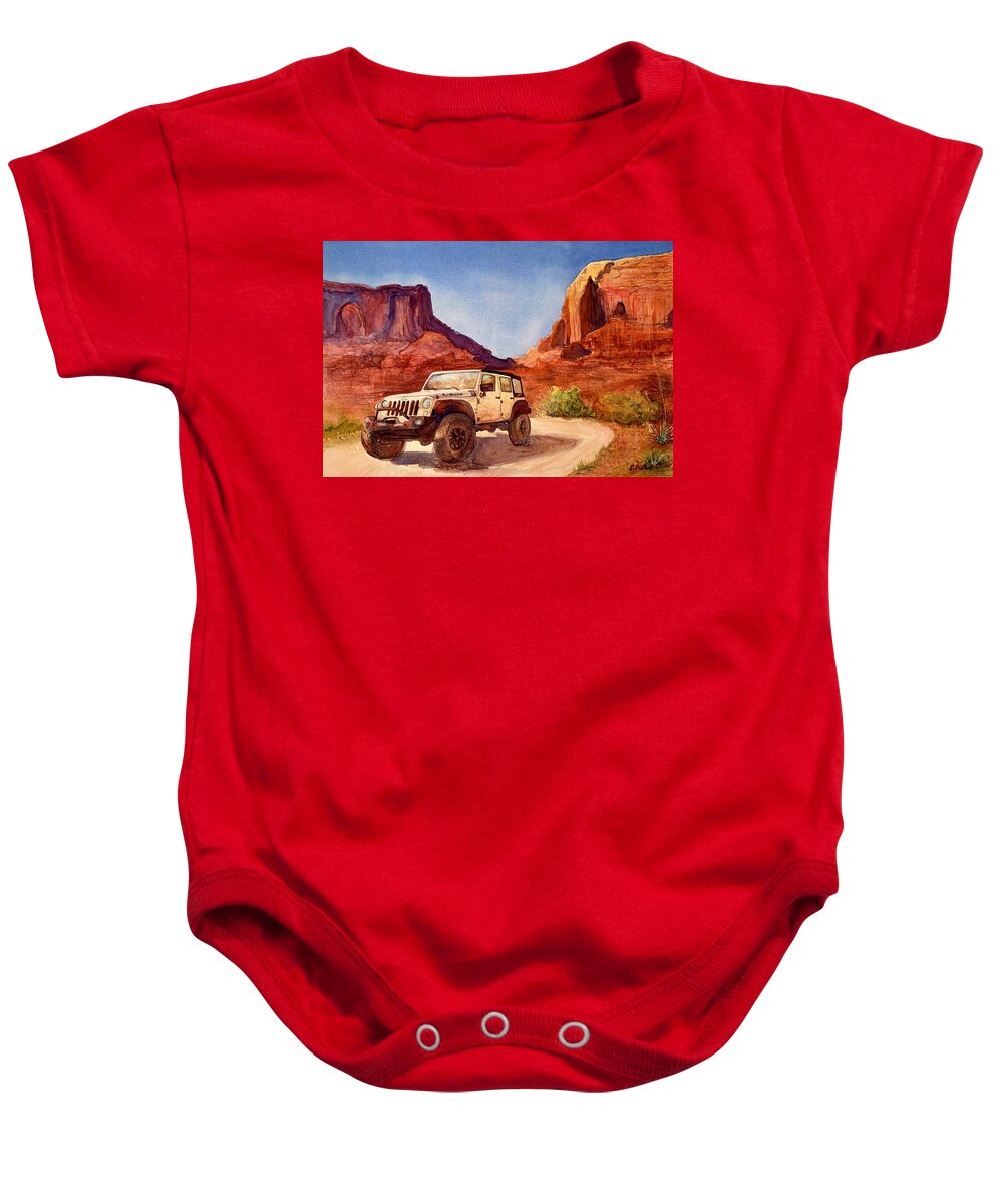 Jeep Art Baby Onesie featuring the painting A White Jeep by Cheryl Prather