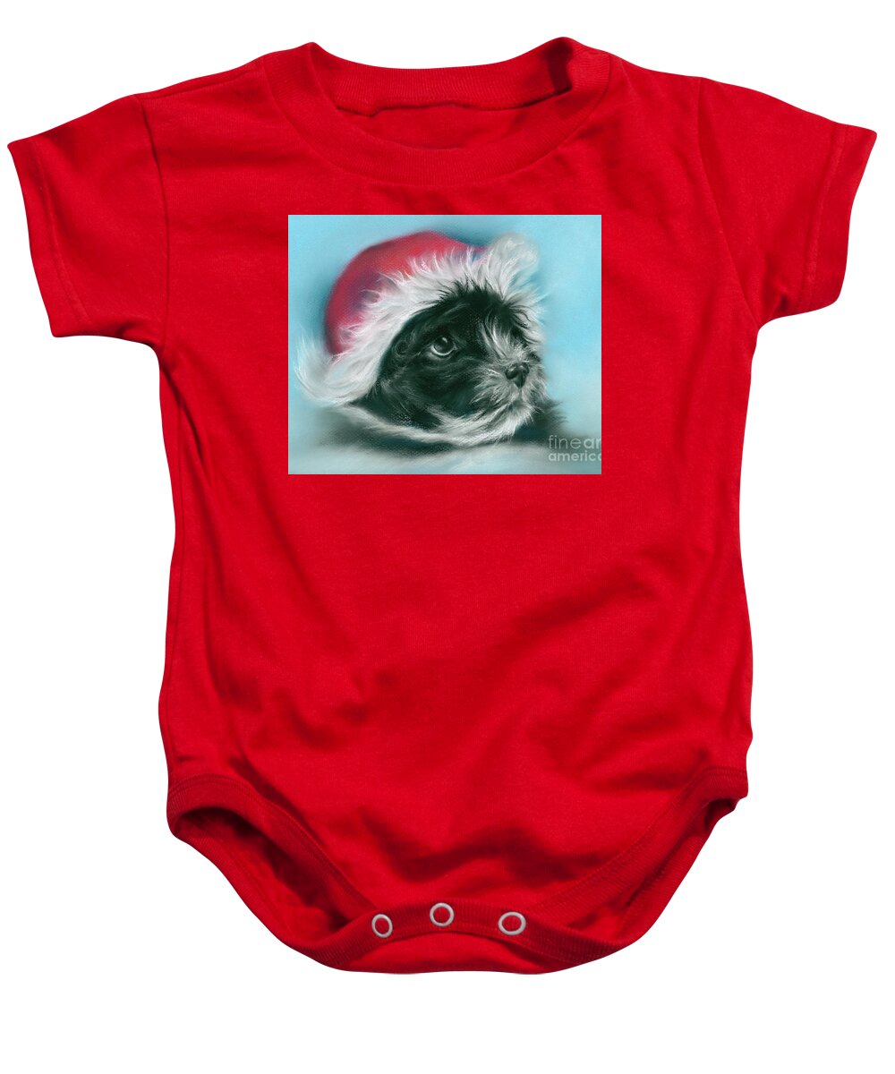 Dog Baby Onesie featuring the painting Adorable Black Christmas Puppy by MM Anderson