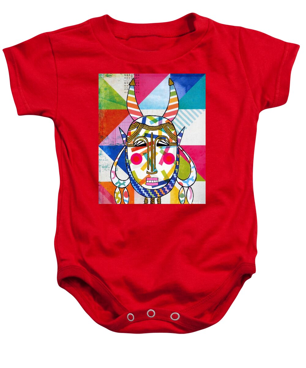 African Mask Baby Onesie featuring the mixed media African Mask No.2 by Jayne Somogy