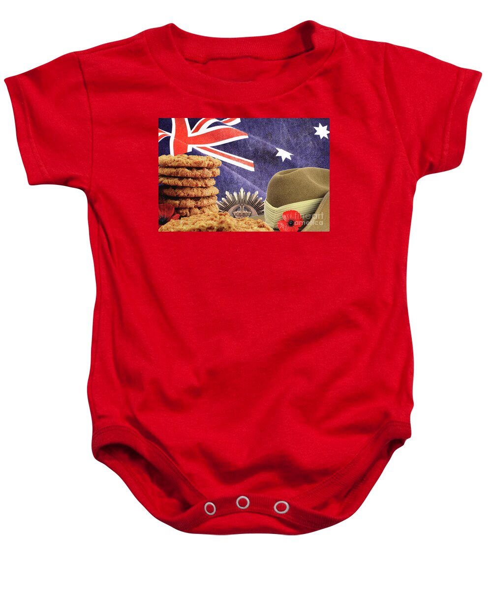 Anzac Biscuit Baby Onesie featuring the photograph Australian Anzac Day collage by Milleflore Images